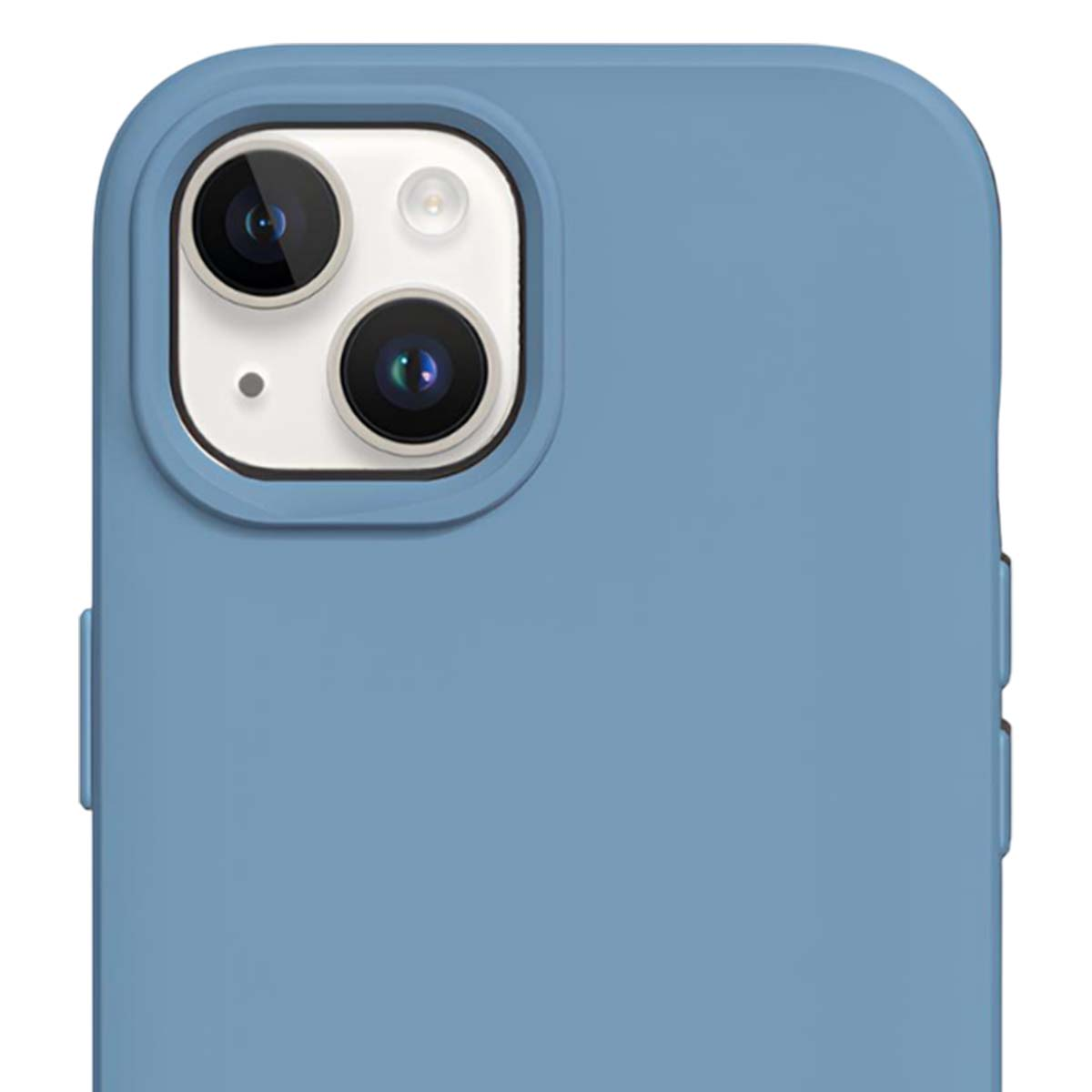 Primo piano di una custodia blu per telefono con doppia fotocamera e flash. La custodia ha una texture liscia.