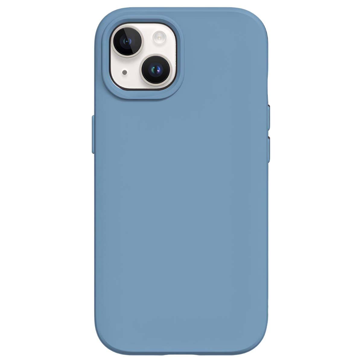 È mostrata una custodia per telefono azzurra con ritagli per la fotocamera. La custodia è di colore pieno e copre la parte posteriore e i lati del telefono.