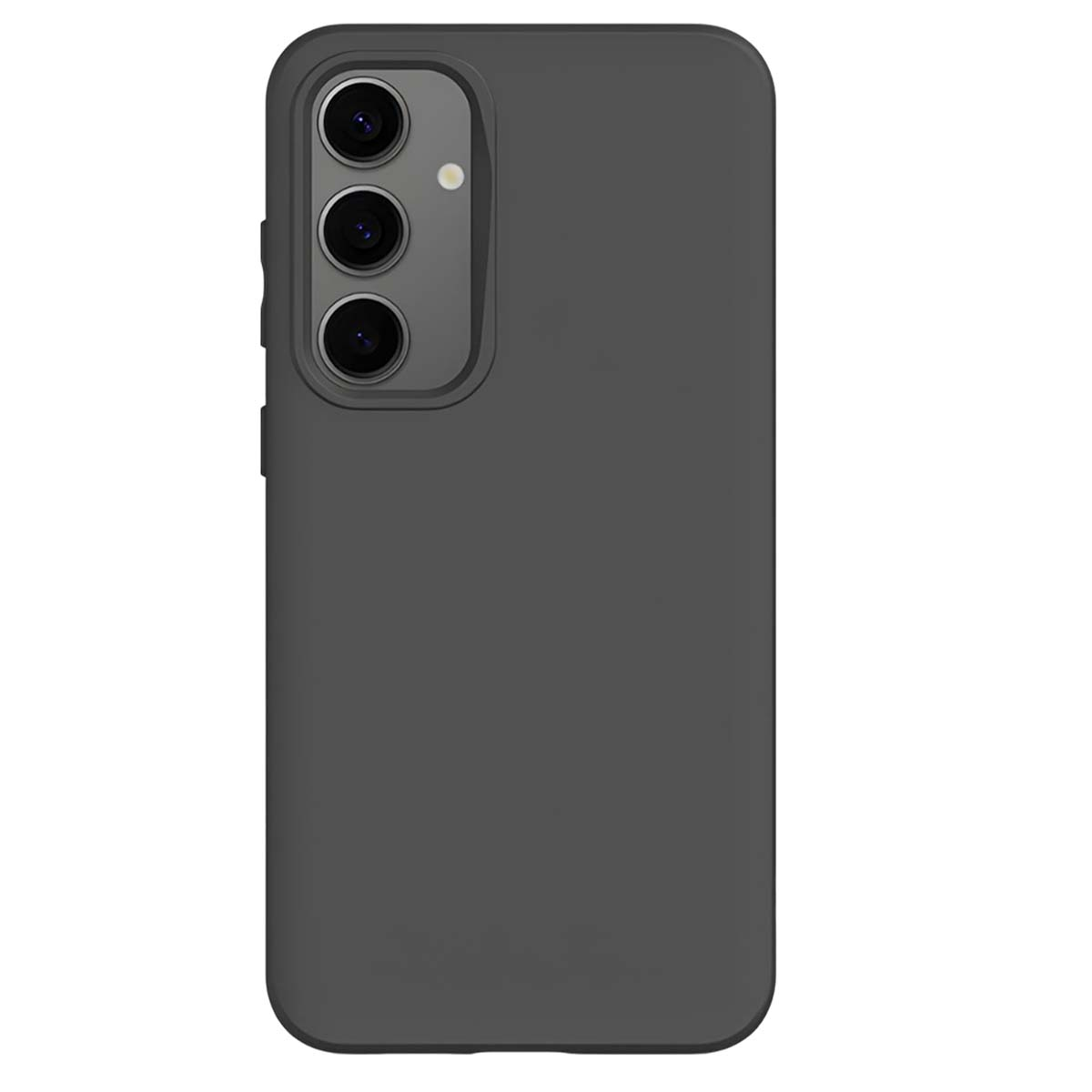 Una custodia per telefono grigio scuro, con un modulo fotocamera con tre lenti e un flash. La custodia copre la maggior parte del retro del telefono.
