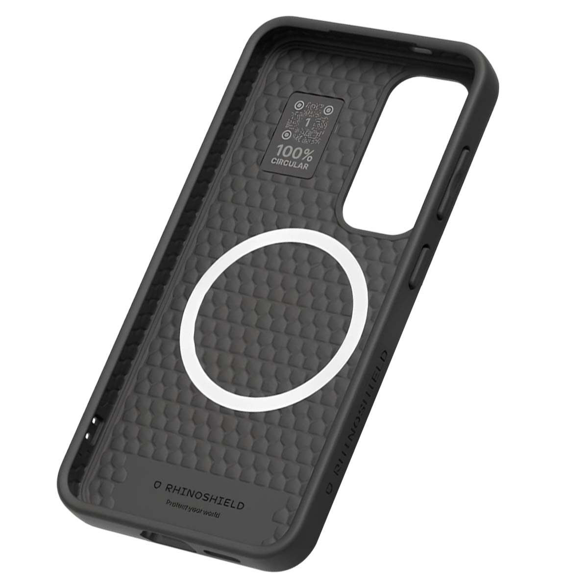Custodia nera per telefono con design circolare bianco, vista interna. Testo: RhinoShield e 100% circular. Sfondo bianco.