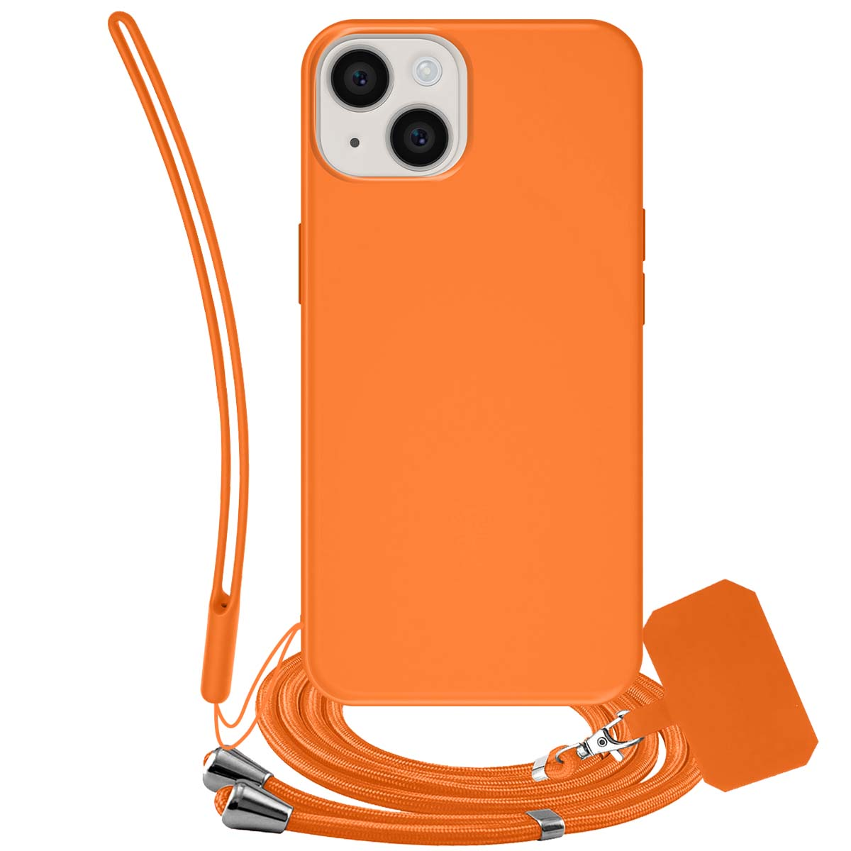 Una custodia arancione per telefono con cinturino. Il telefono ha una fotocamera ed è centrato. Il cinturino è intorno.