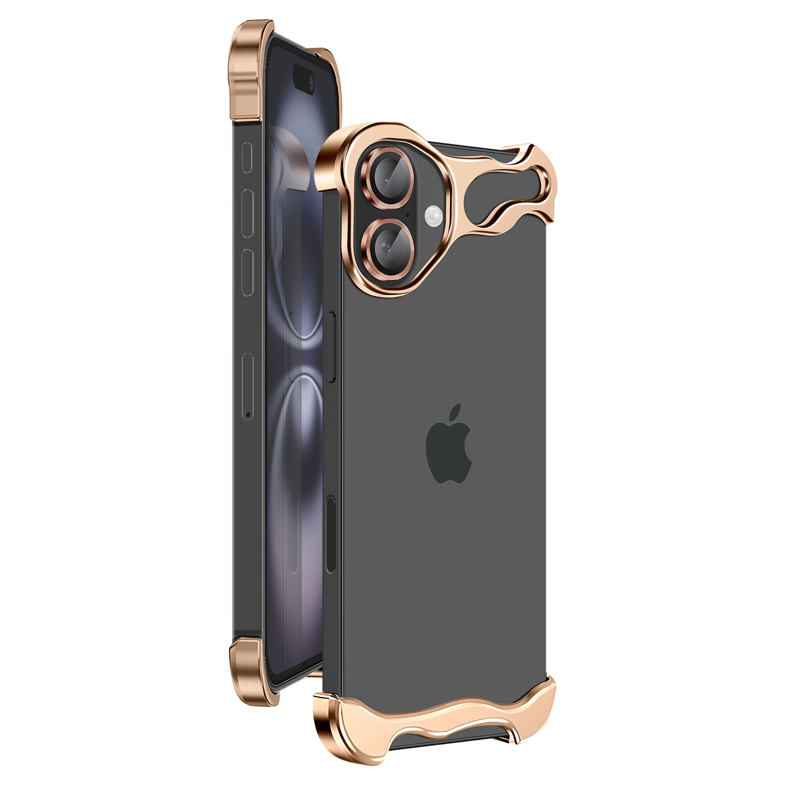 Due smartphone con custodie protettive dorate e telefoni grigio scuro con logo Apple.