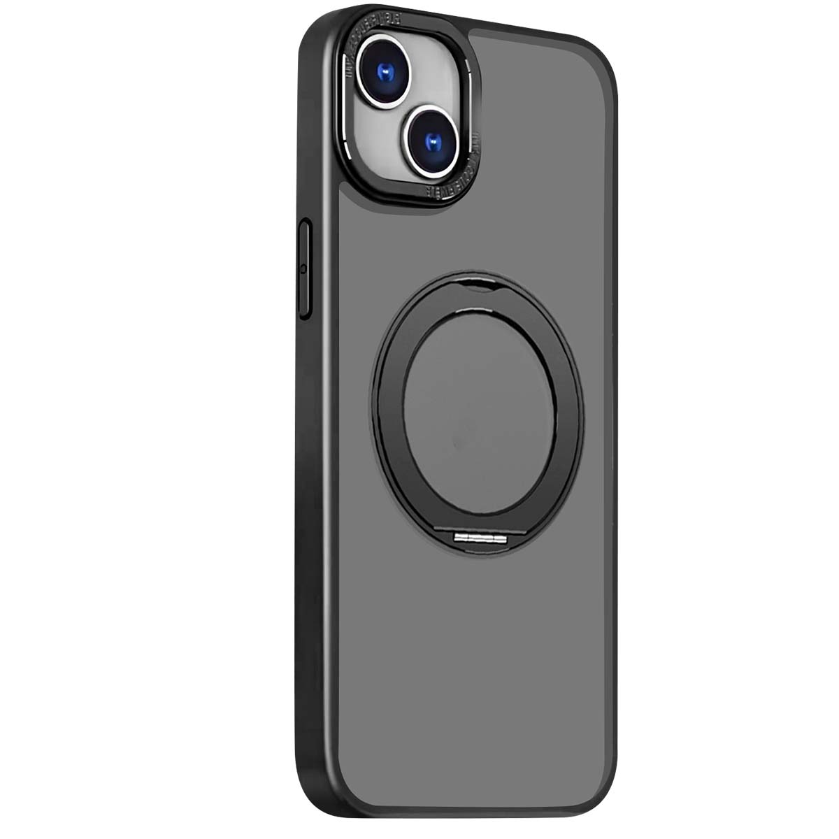 Una custodia grigia per telefono con un anello nero e una protezione per l'obiettivo della fotocamera. La custodia ha una cornice nera.