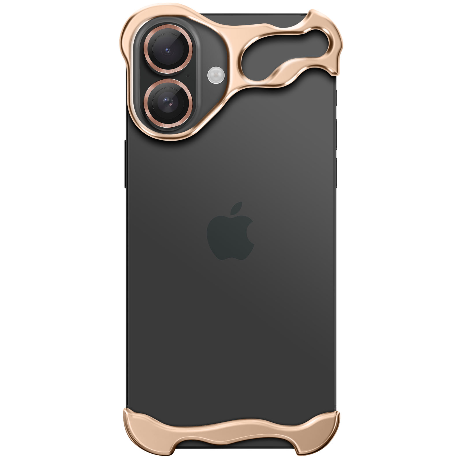 Smartphone nero con custodia dorata. La custodia ha un design unico intorno alla fotocamera e al bordo inferiore.