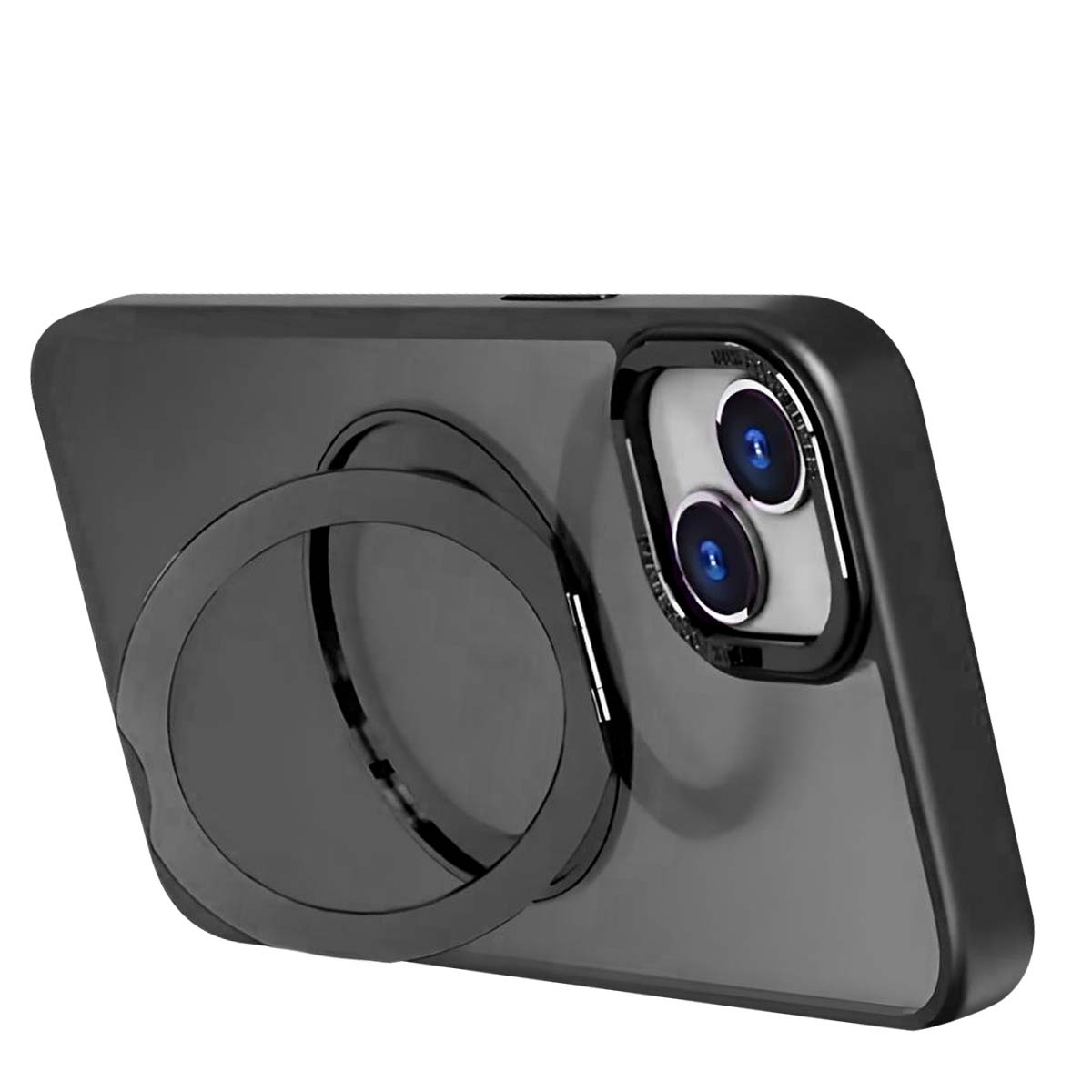 Una custodia nera per telefono con supporto ad anello. Presenta doppie lenti della fotocamera. La custodia è leggermente inclinata verso l'alto.