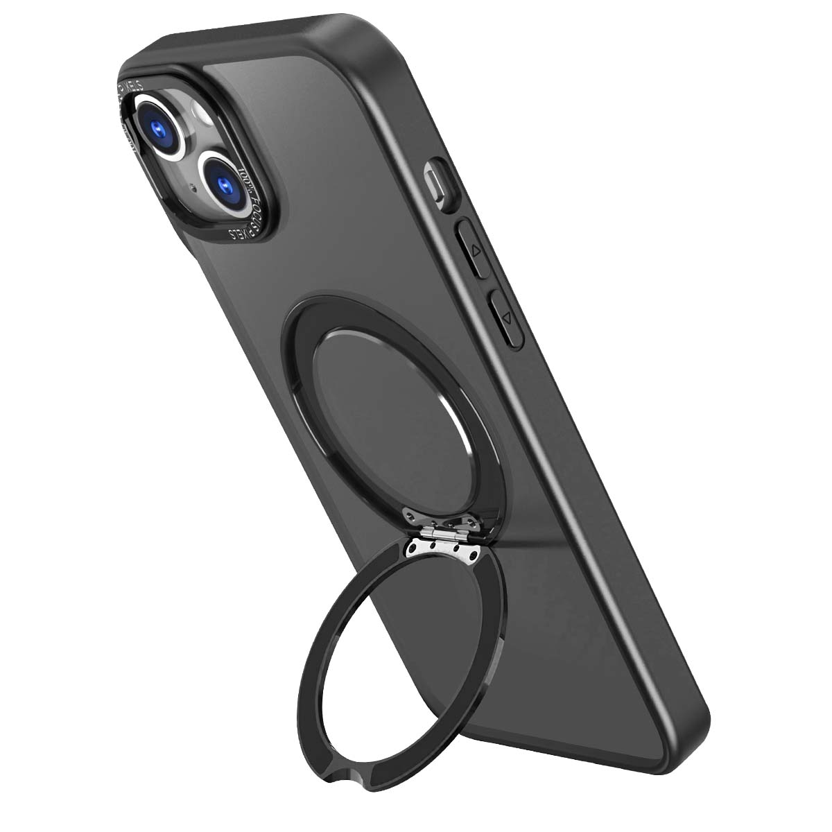 Una custodia nera per telefono con supporto ad anello, vista angolata. La custodia ha un retro trasparente e una cornice nera con pulsanti.