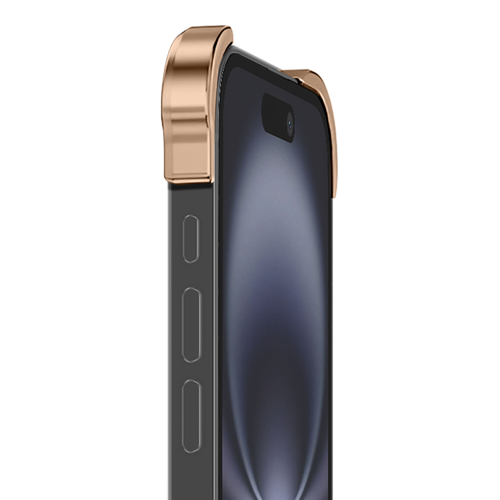 Primo piano di uno smartphone con cornice dorata. Lo schermo è scuro e il lato ha pulsanti.