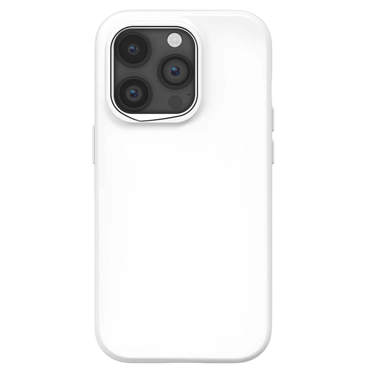 Una custodia bianca per telefono con un modulo fotocamera nero. La custodia ha una superficie liscia. È su sfondo bianco.