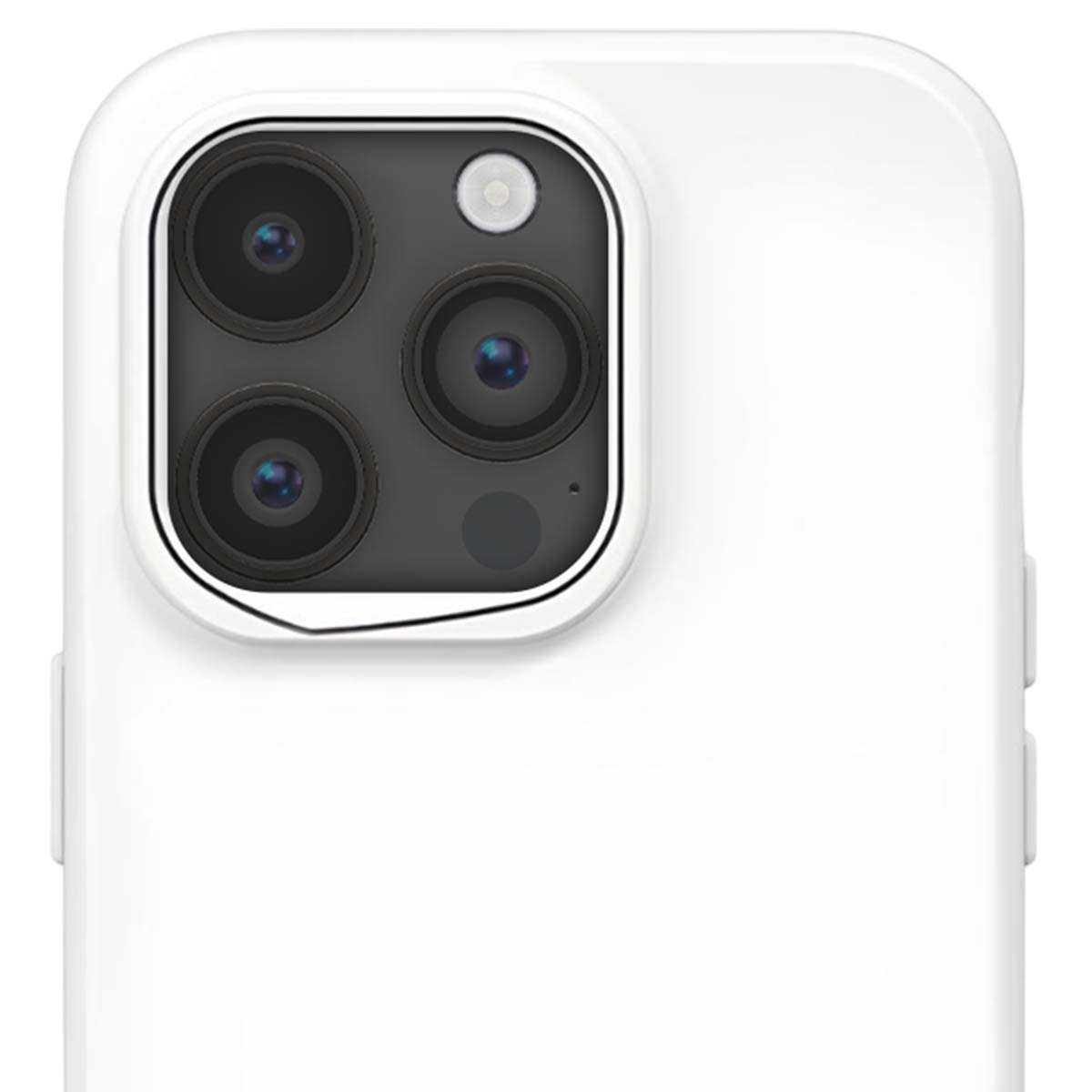 Primo piano di una custodia bianca per telefono con modulo fotocamera nero. Il modulo ha tre obiettivi e un flash.