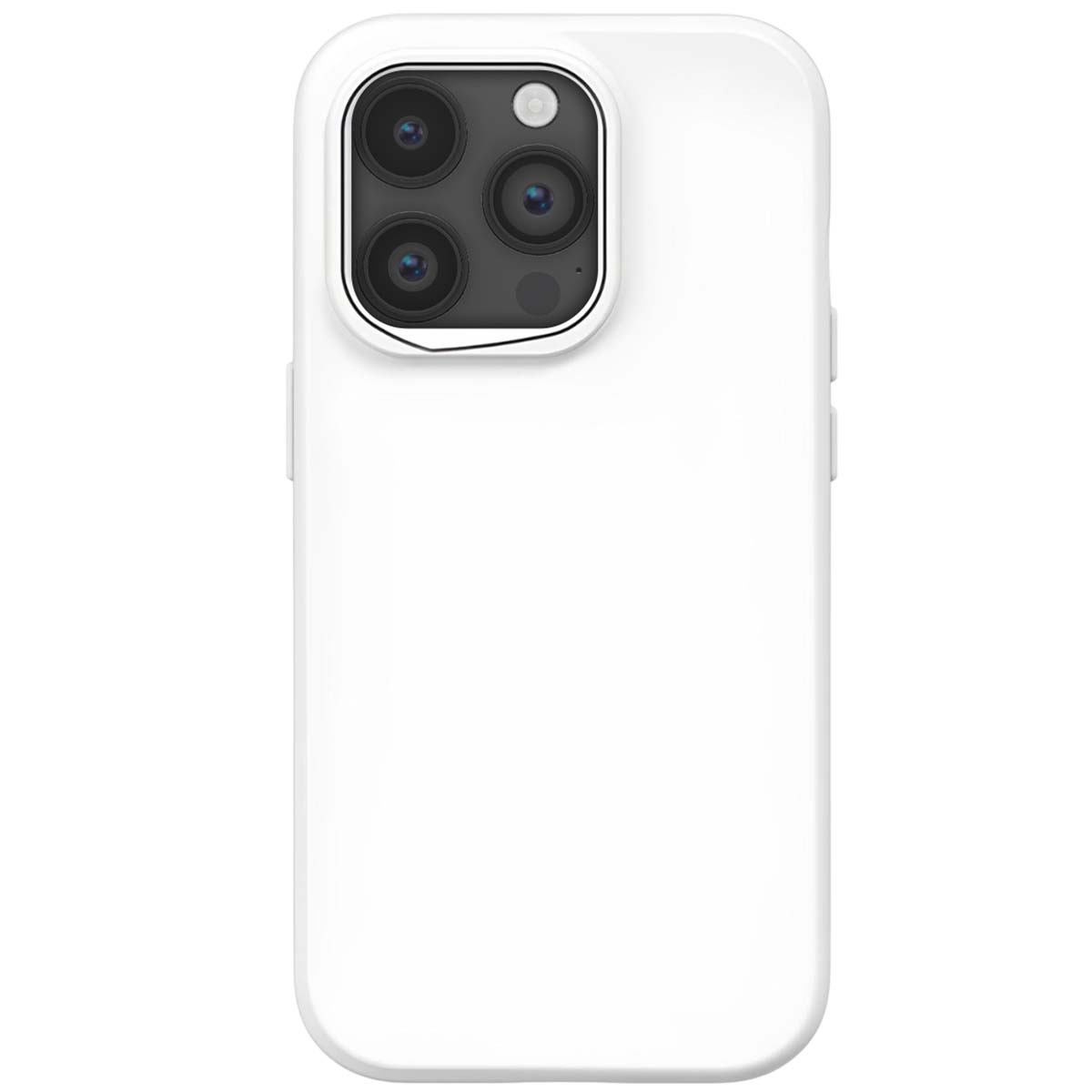Una custodia bianca per telefono con un'area fotocamera con tre obiettivi e un flash. La custodia è semplice e lucida.
