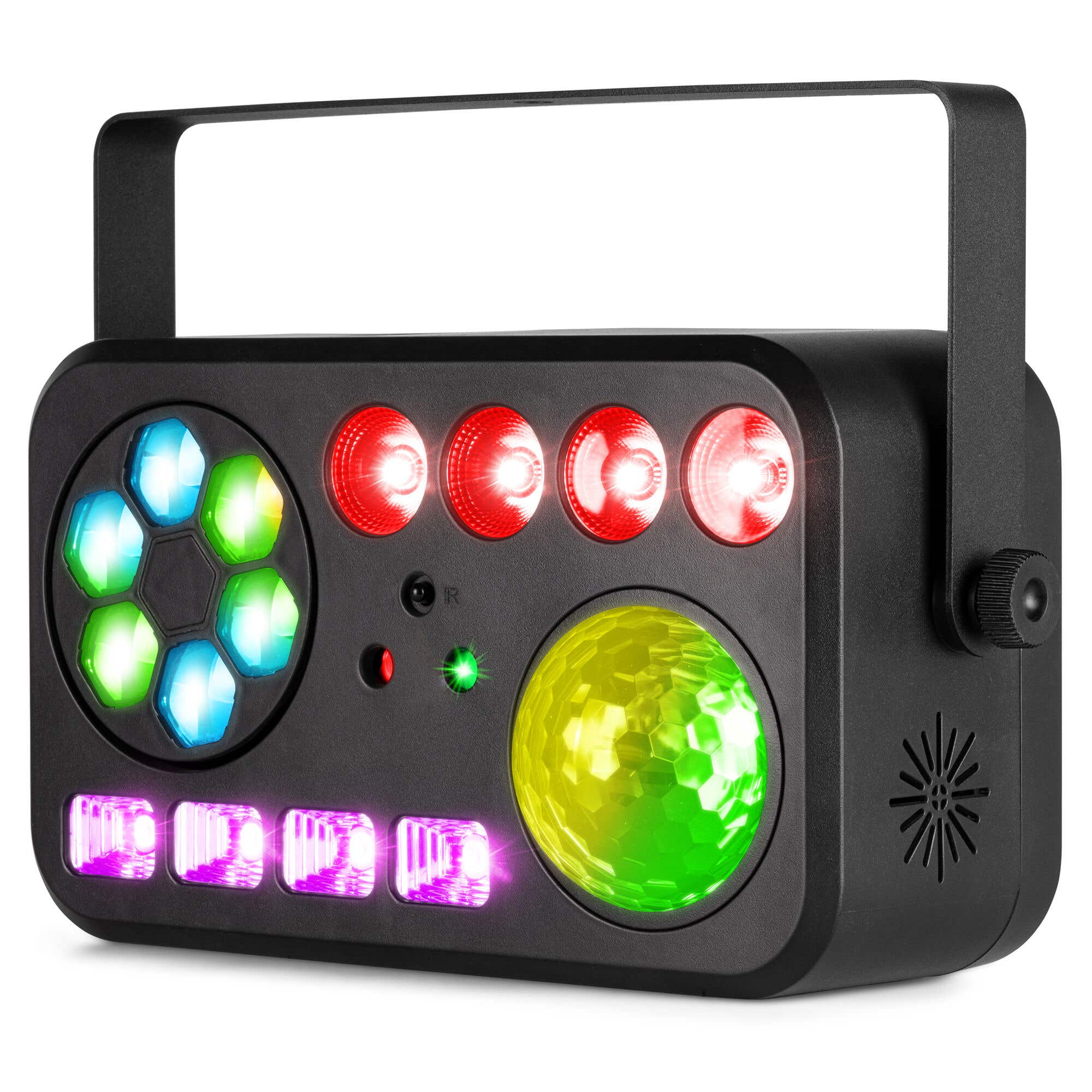 Luz de escenario negra con asa, con luces rojas, verdes, azules y una bola de discoteca amarilla-verde.