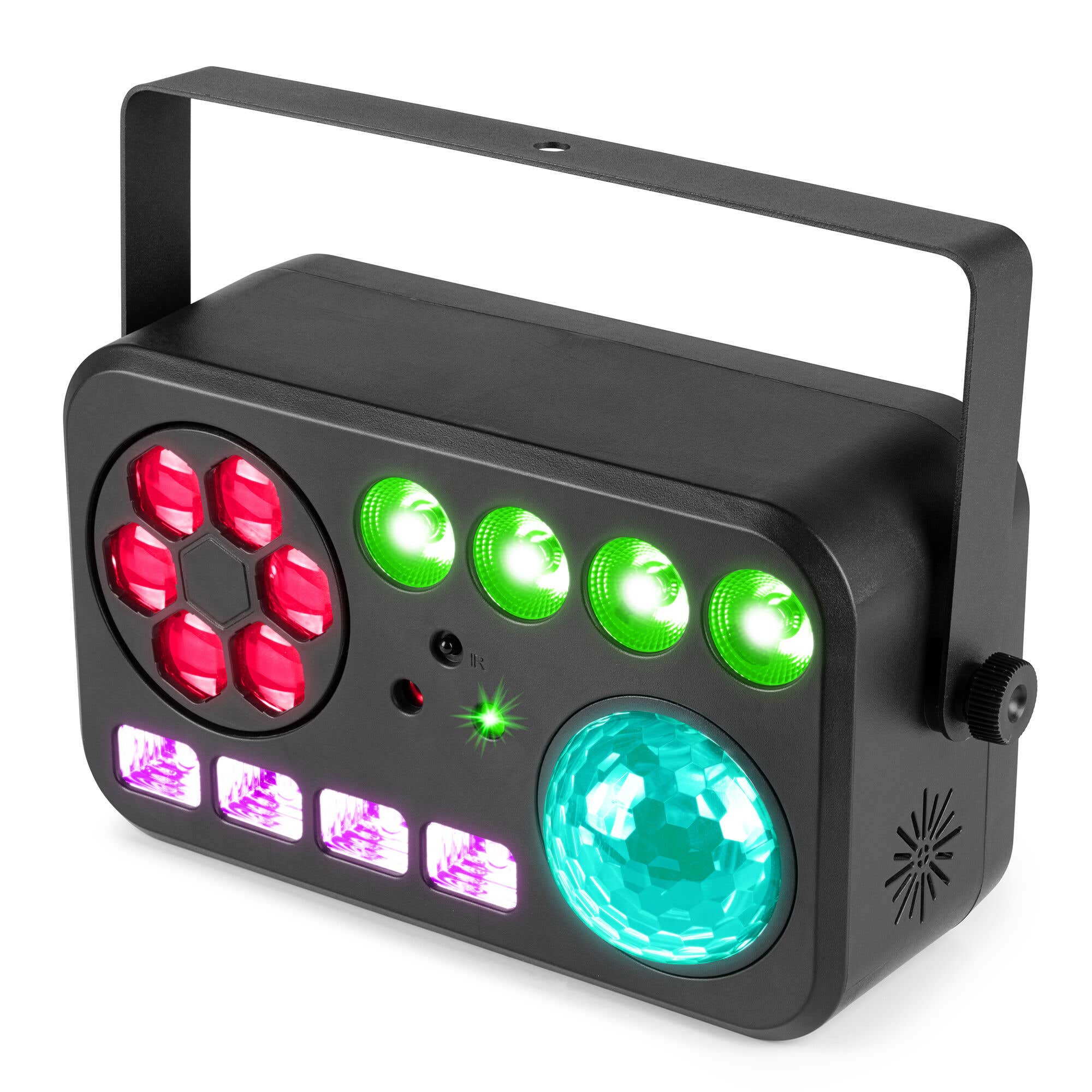 Luz de DJ negra con luces rojas, verdes, moradas y turquesas. Tiene un asa. El asa y la carcasa son negras.