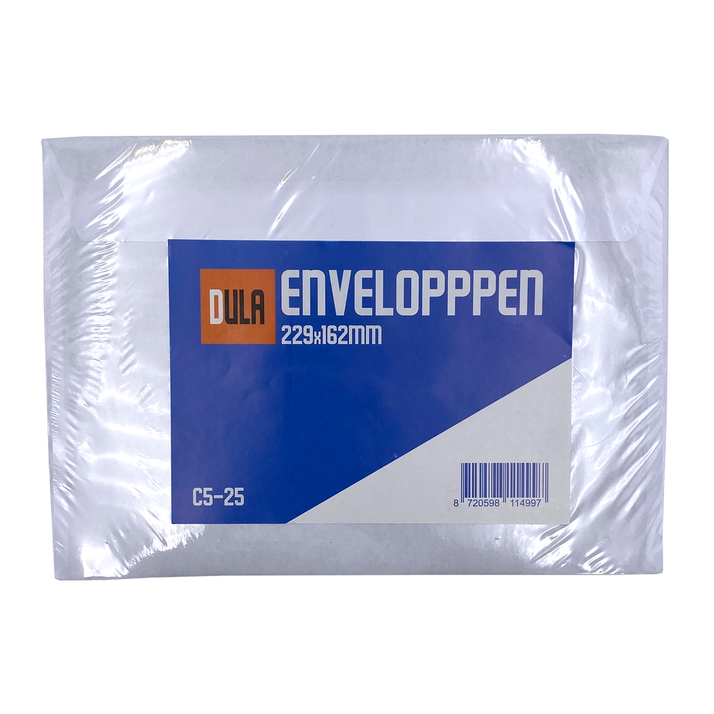 Een verpakking enveloppen. De verpakking is wit met een blauw label met 'DULA ENVELOPPEN' en maatinfo.