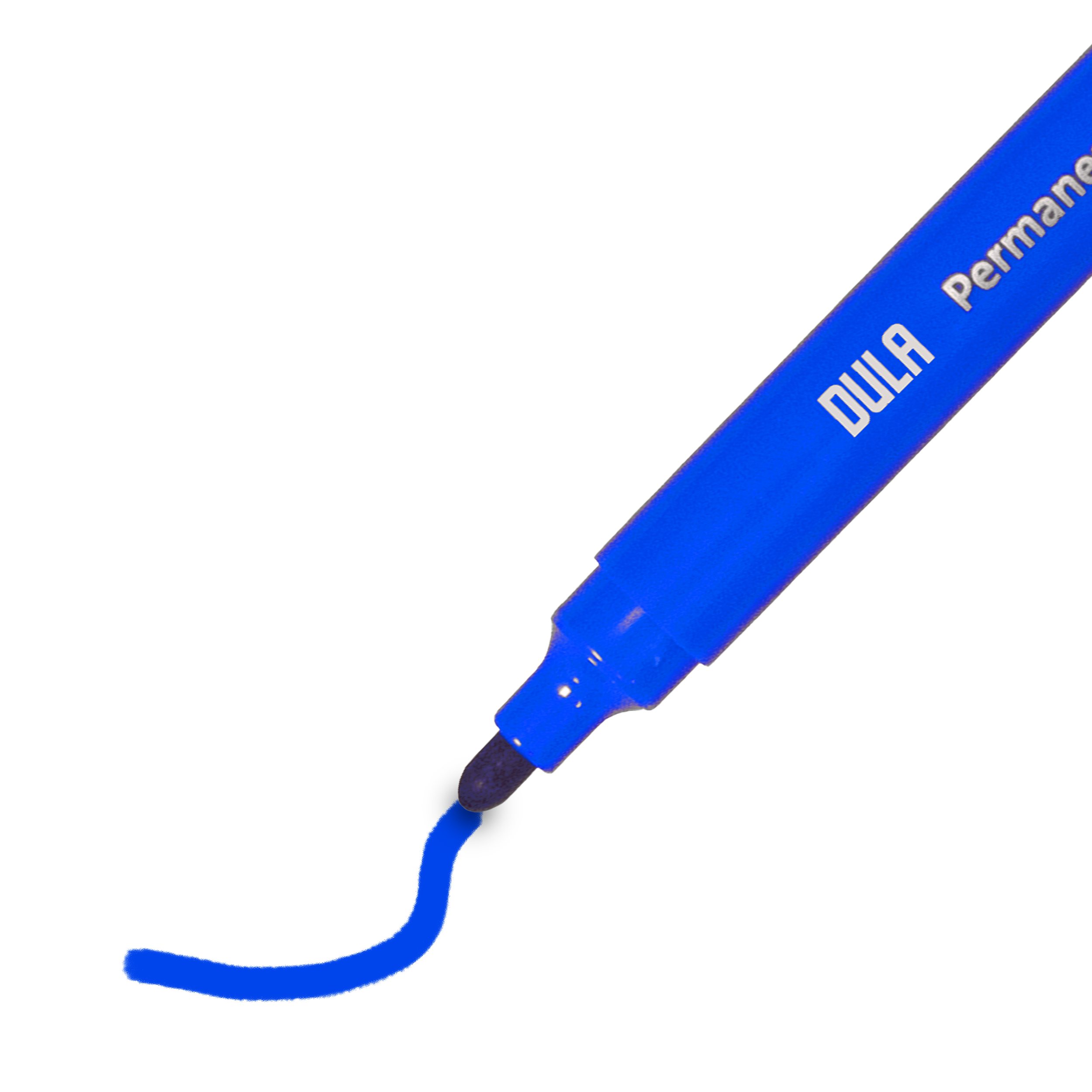 Een blauwe stift met het woord DULA schrijft een gebogen blauwe lijn op een witte achtergrond.