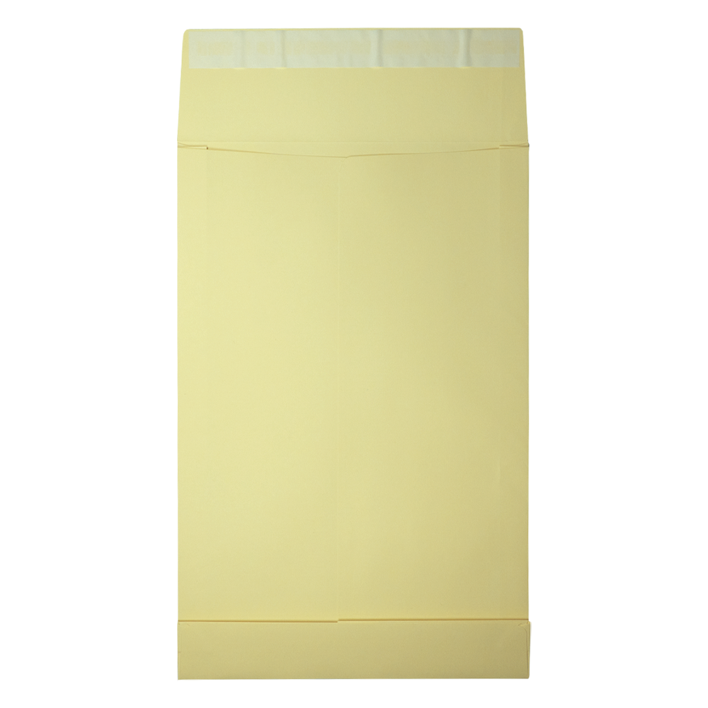 Een gele envelop op een witte achtergrond. Het is rechthoekig met een gevouwen flap en een plakstrip aan de bovenkant om te verzegelen.