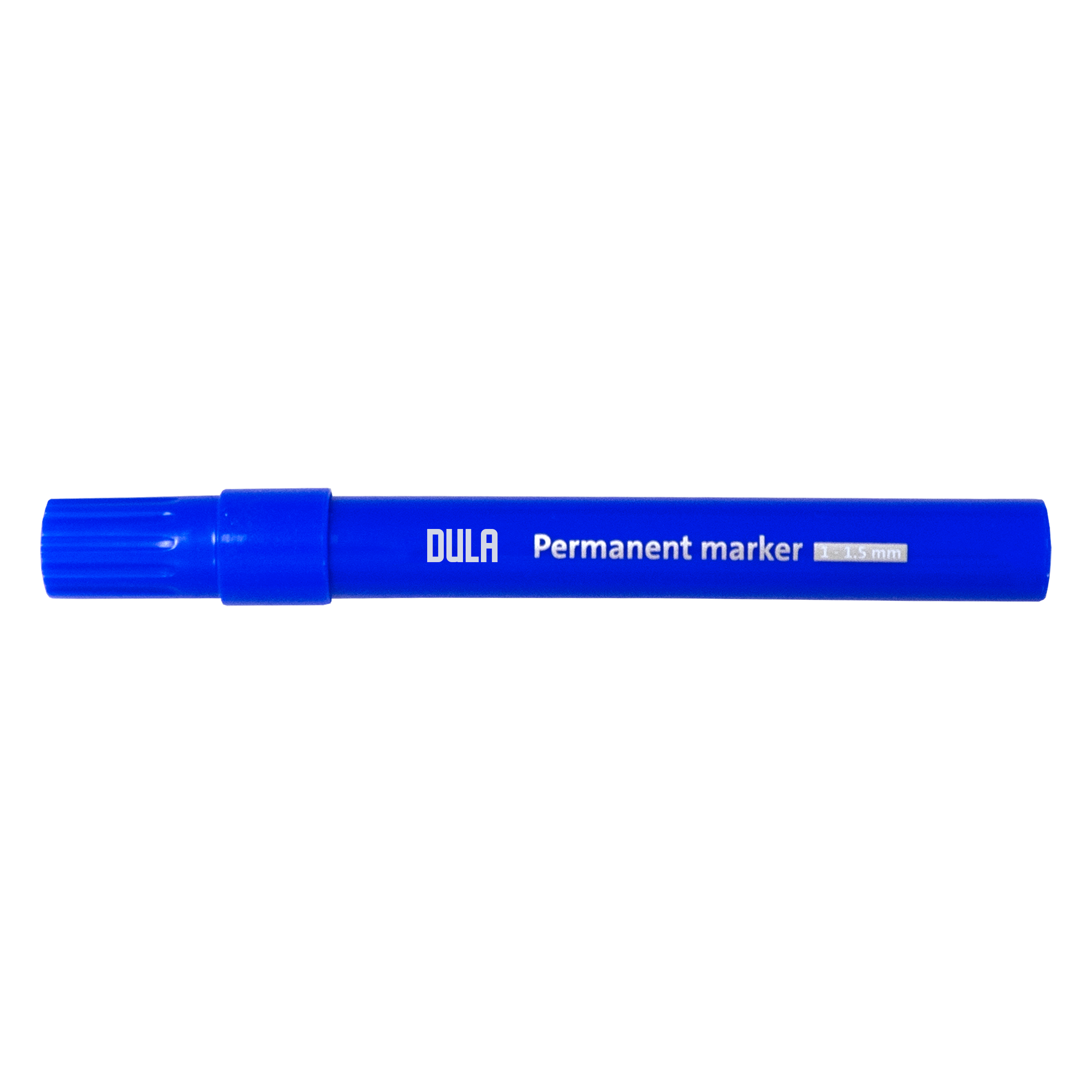 Een blauwe DULA permanente marker op een witte achtergrond. De punt wijst naar links.