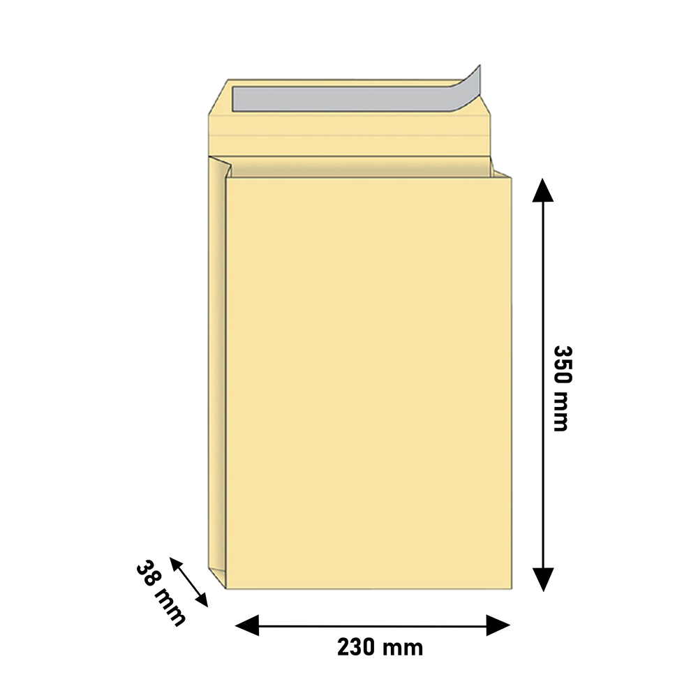 Een beige envelop met afmetingen: 350 mm hoog, 230 mm breed en 38 mm dik. Een grijze plakstrip is zichtbaar.