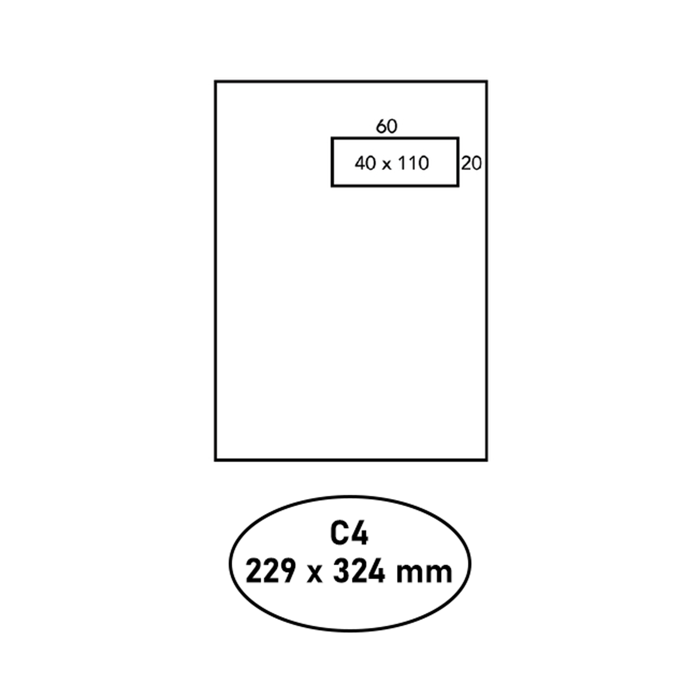Diagram van een rechthoek met afmetingen en een C4-papierformaat ovaal eronder.