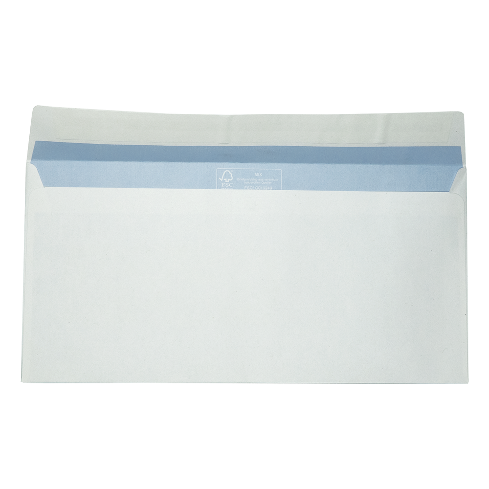 Open witte envelop met blauwe binnenvoering. FSC-logo bovenaan. Geïsoleerd op witte achtergrond.