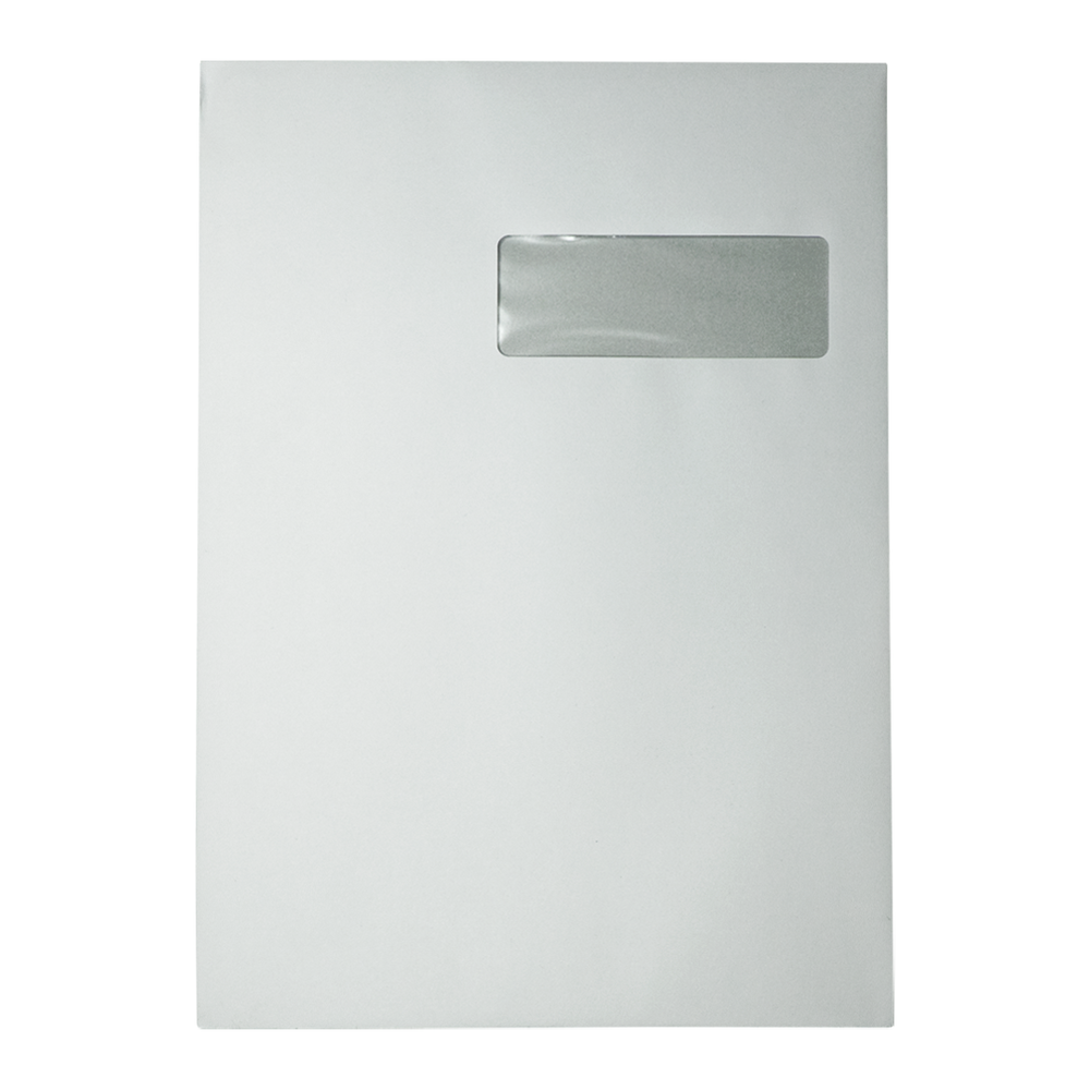 Een witte envelop met een rechthoekig venster. Het venster is horizontaal gecentreerd en licht transparant.