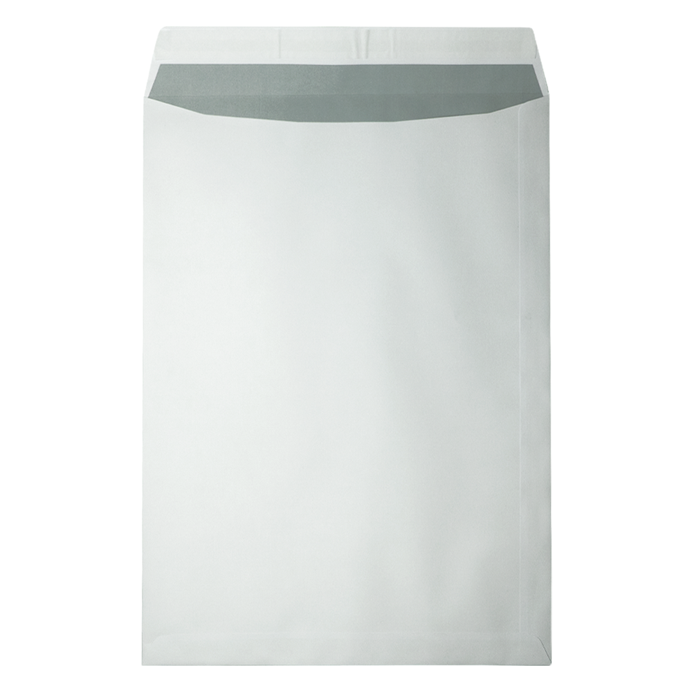 Een witte, open envelop. De binnenflap is grijs. De envelop is geïsoleerd op een witte achtergrond.
