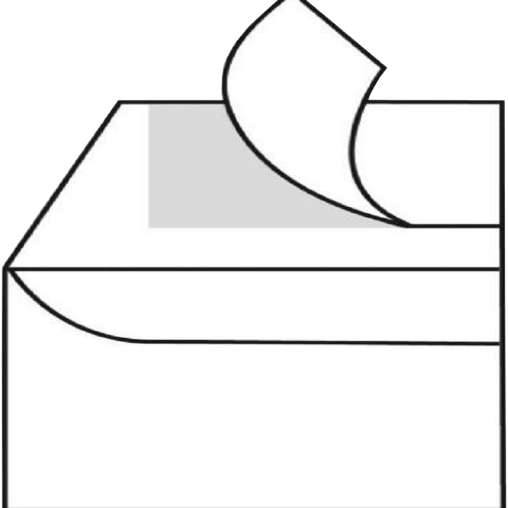 Een open witte envelop met gedeeltelijk opgetilde flap, waardoor een grijs gearceerd gebied zichtbaar wordt. Zwarte lijnen definiëren de randen.