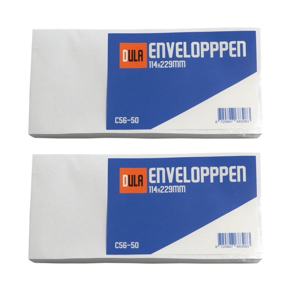 Twee pakken witte enveloppen met blauwe en oranje labels. Elk label zegt 'DULA ENVELOPPPEN 114x229mm' en 'C56-50'.