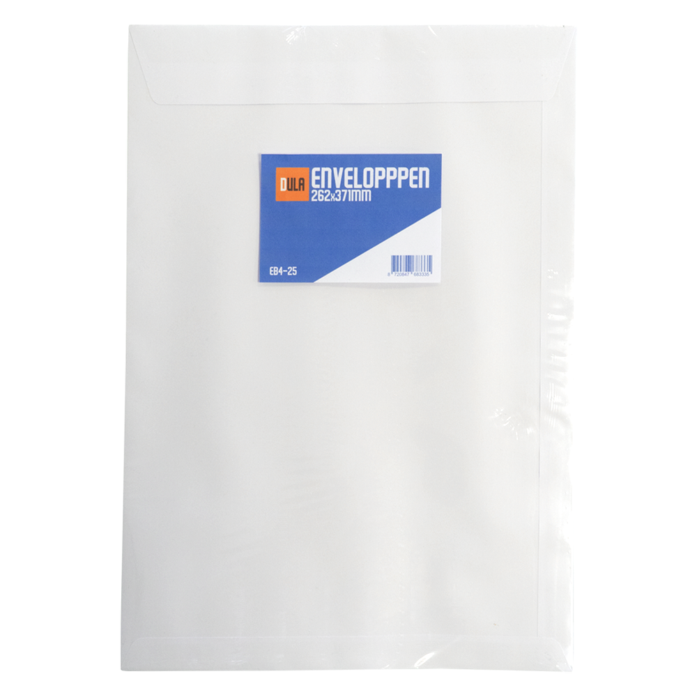 Een witte envelop met een blauw en oranje label. Het label leest 'DULA ENVELOPPPEN 262x371mm' en een barcode. De envelop ligt op een witte ondergrond.