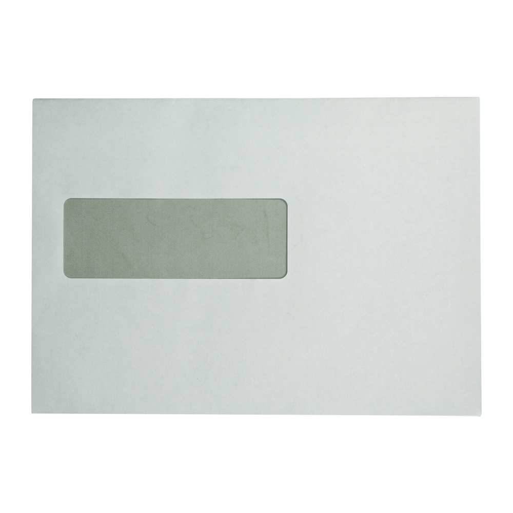 Een witte envelop met een rechthoekig venster in het midden. Het venster toont een grijs interieur. De envelop staat op een witte achtergrond.