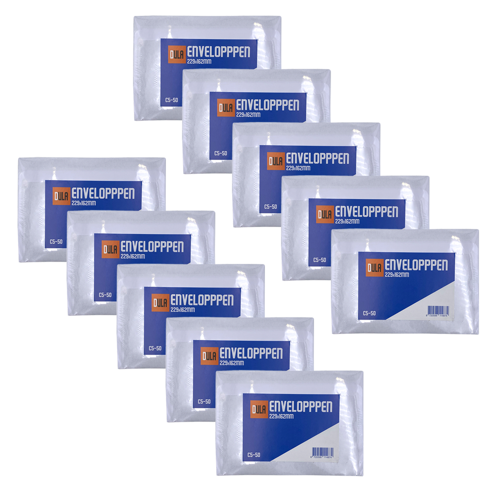 Negen pakketten enveloppen met blauw-witte labels. Elk label leest 'DULA ENVELOPPPEN 229x162mm' en heeft een barcode.