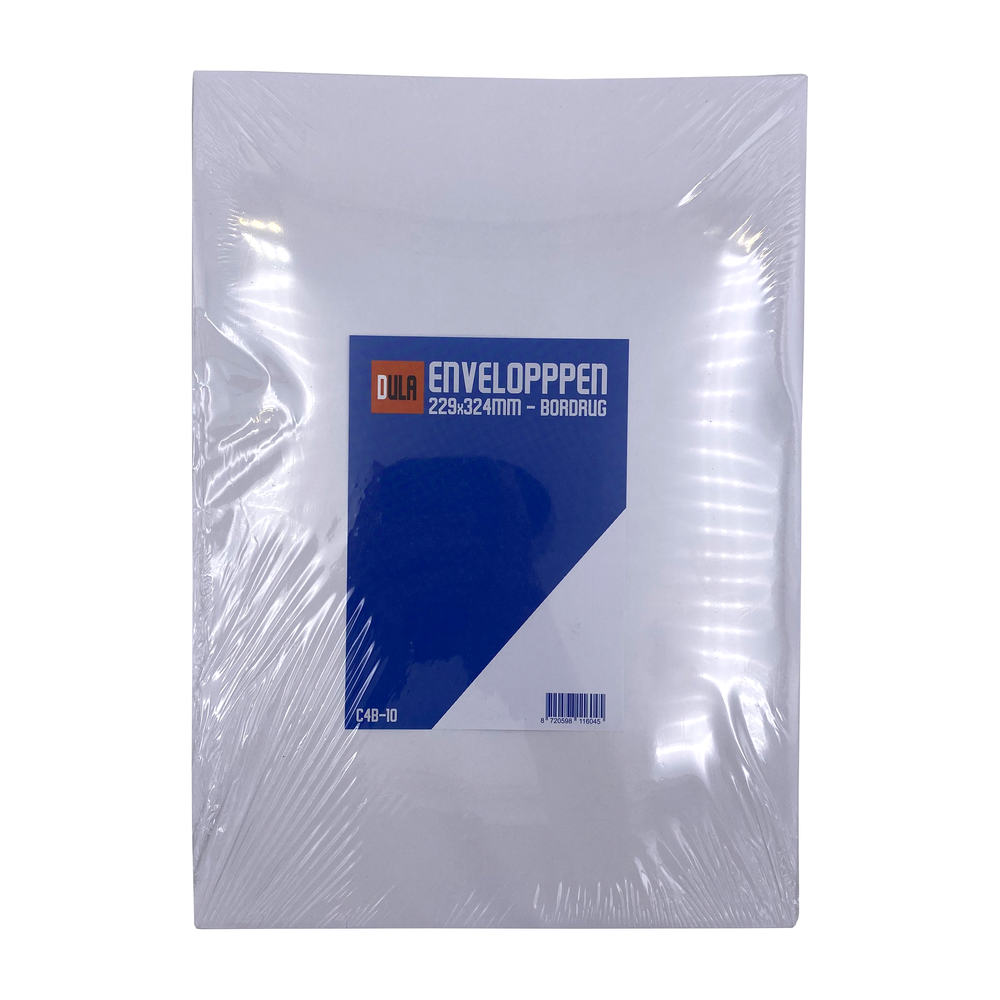 Een pak witte enveloppen in plastic verpakking. Een blauw en wit label met "DULA ENVELOPPEN" en andere details.