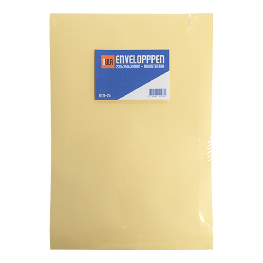 Een pakje enveloppen. Het heeft een blauw en wit etiket. De enveloppen zijn lichtgeel.