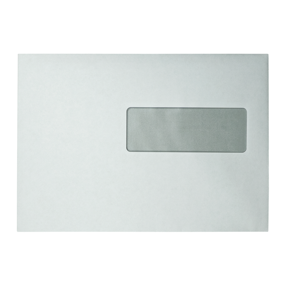 Een witte envelop met een rechthoekig venster, met een grijze binnenkant. De envelop staat op een witte achtergrond.
