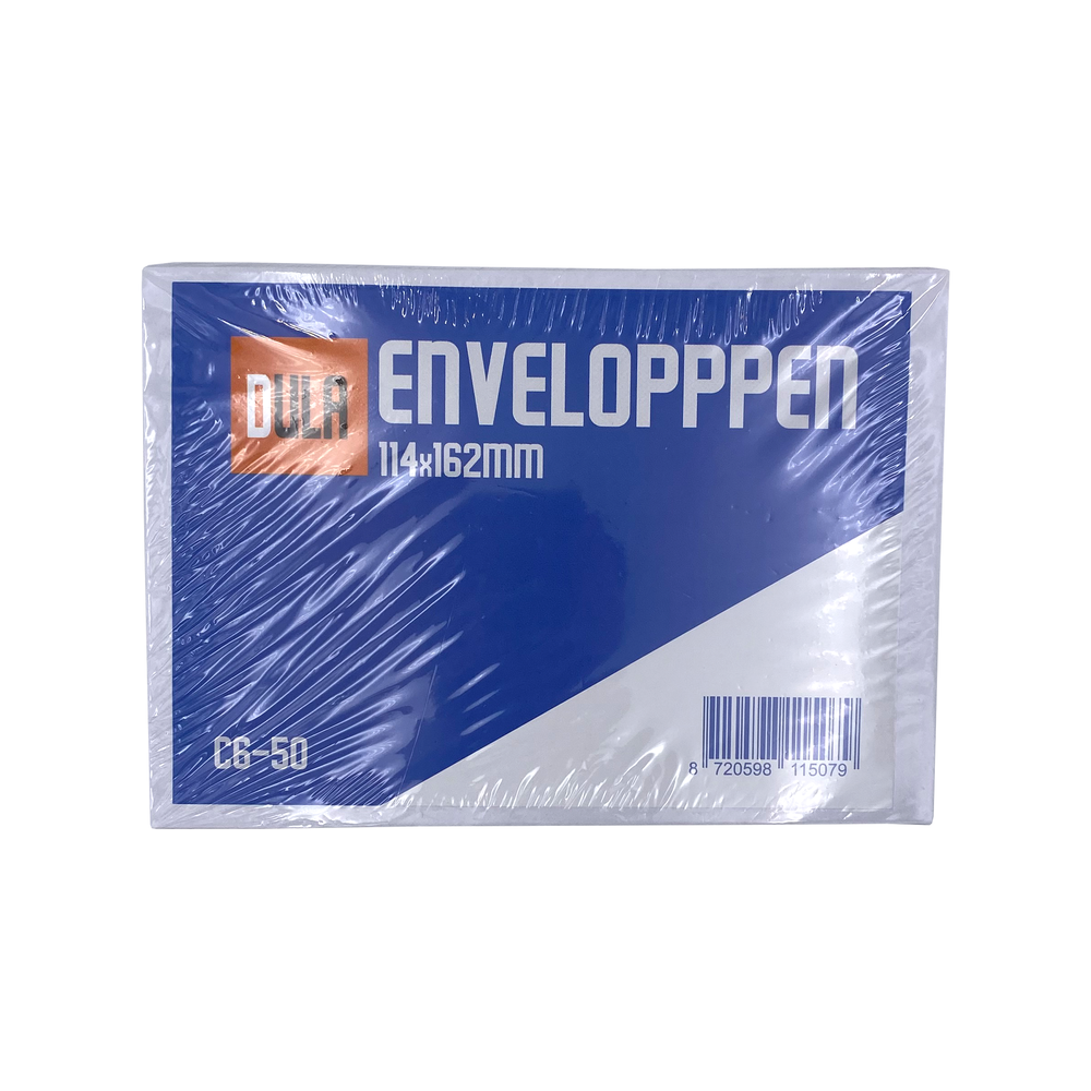 Een pakket enveloppen verpakt in plastic. Het label leest "DURA ENVELOPPEN 114x162mm". Bevat een barcode en de tekst "C6-50".