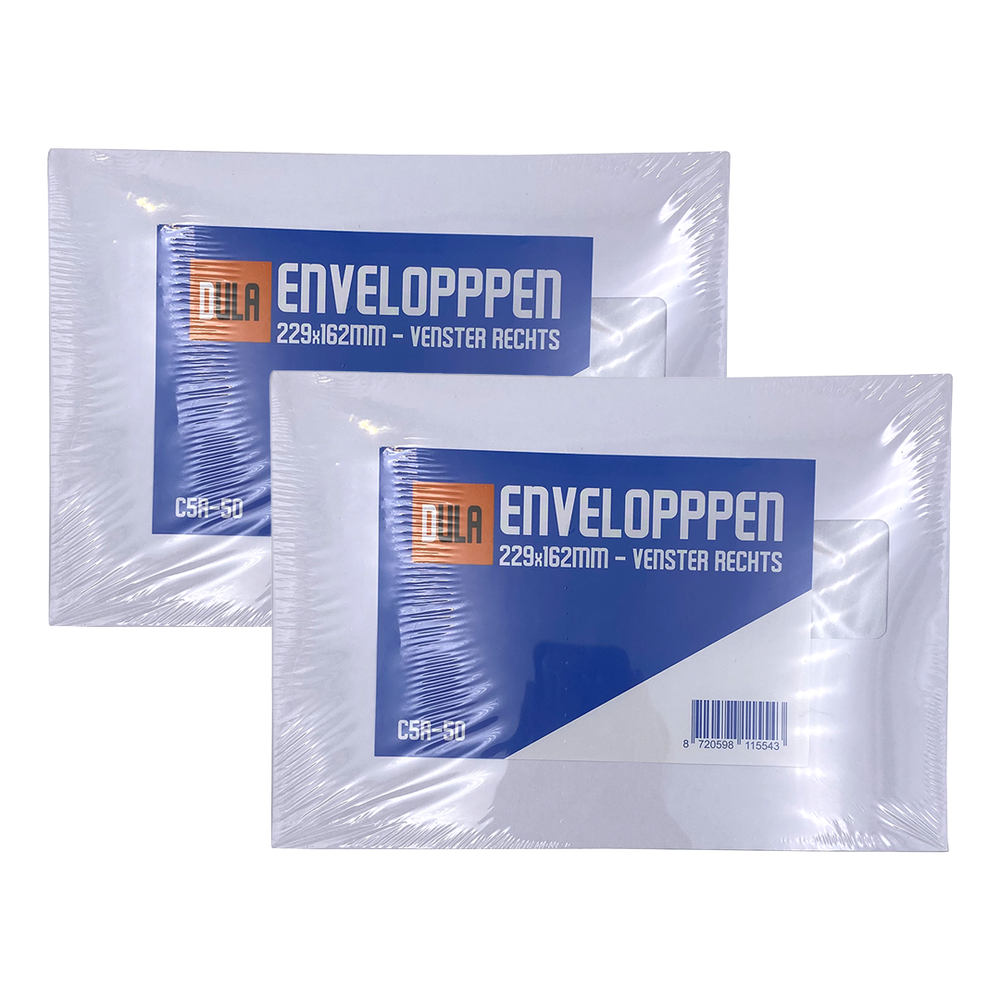 Twee enveloppenverpakkingen. Elk heeft een blauw label met witte tekst 'ENVELOPPPEN' en een venster. Verpakt in transparant plastic.