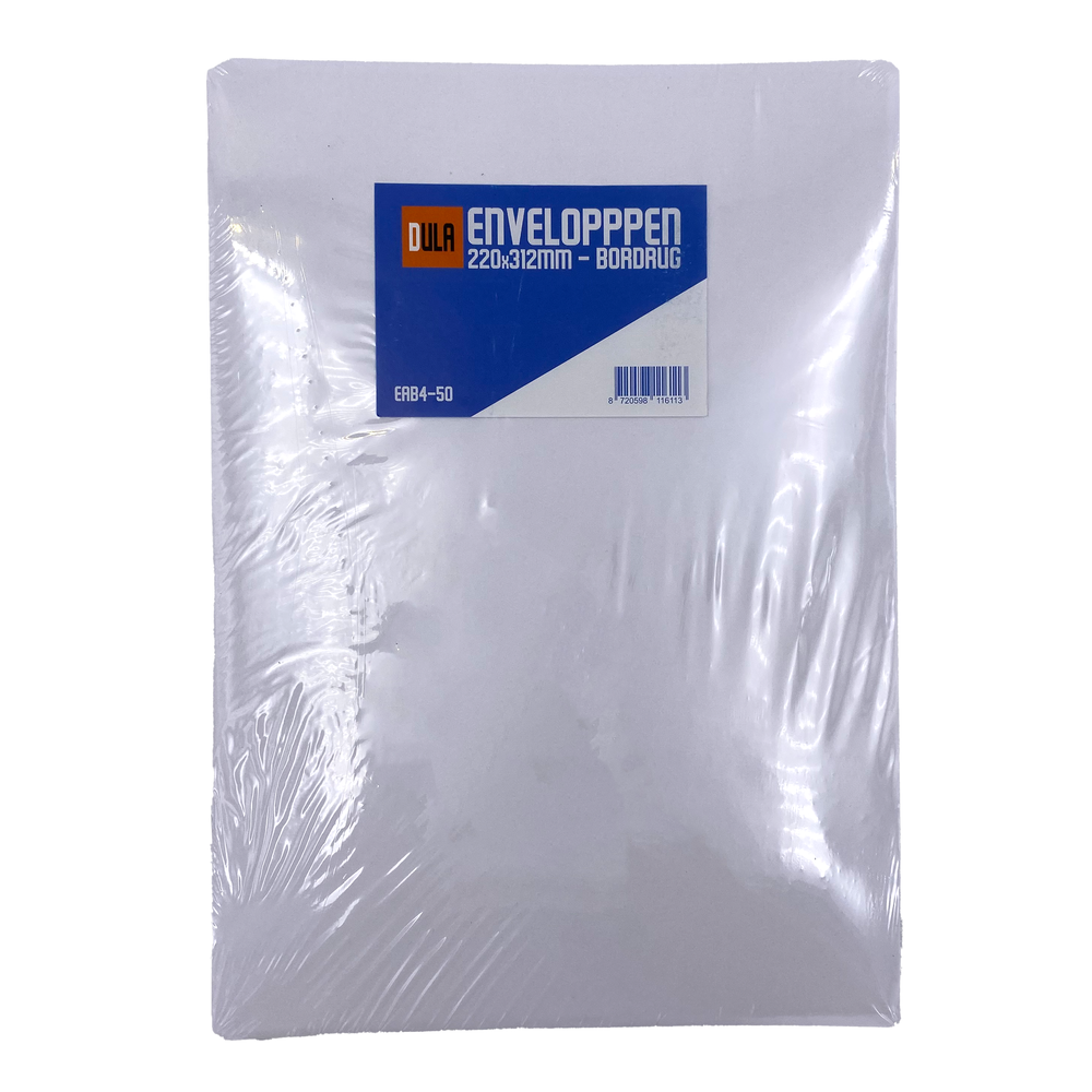 Pak witte enveloppen in plastic, label leest 'DULA ENVELOPPPEN 220x312mm - BORDDRUG'.