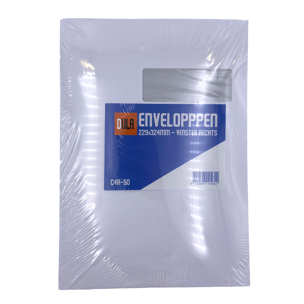 Een pak witte enveloppen in plastic verpakking. Een label met blauwe en witte tekst geeft het merk en de specificaties aan.