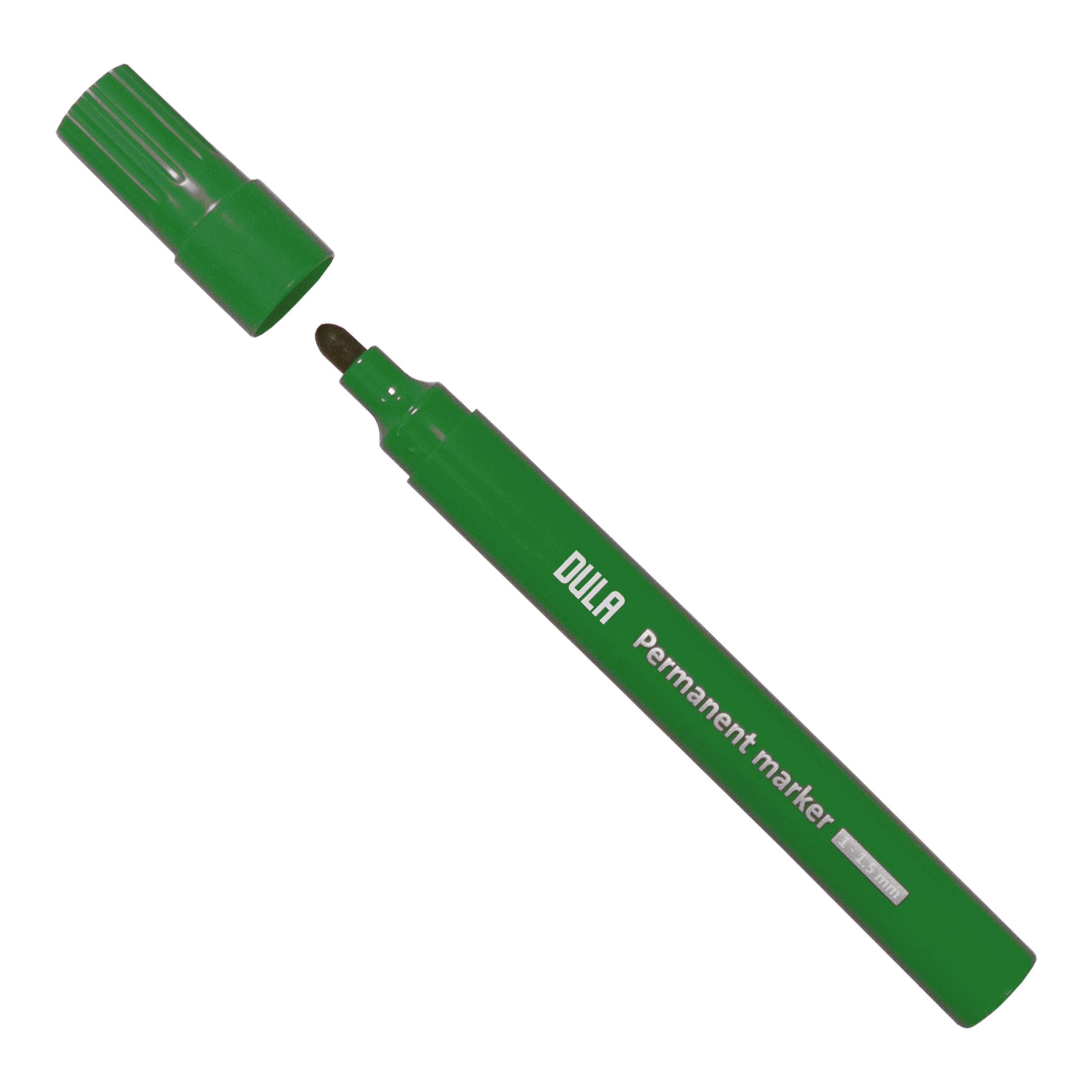 Een groene DULA permanente stift zonder dop. De punt van de pen is zichtbaar. De achtergrond is wit.