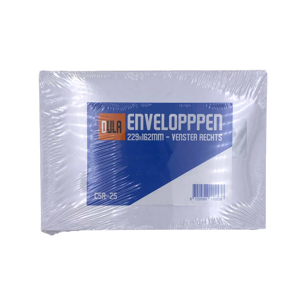 Pak enveloppen in plastic. Tekst op de verpakking luidt 'DULA ENVELOPPEN 229x162mm - VENSTER RECHTS' met barcode.