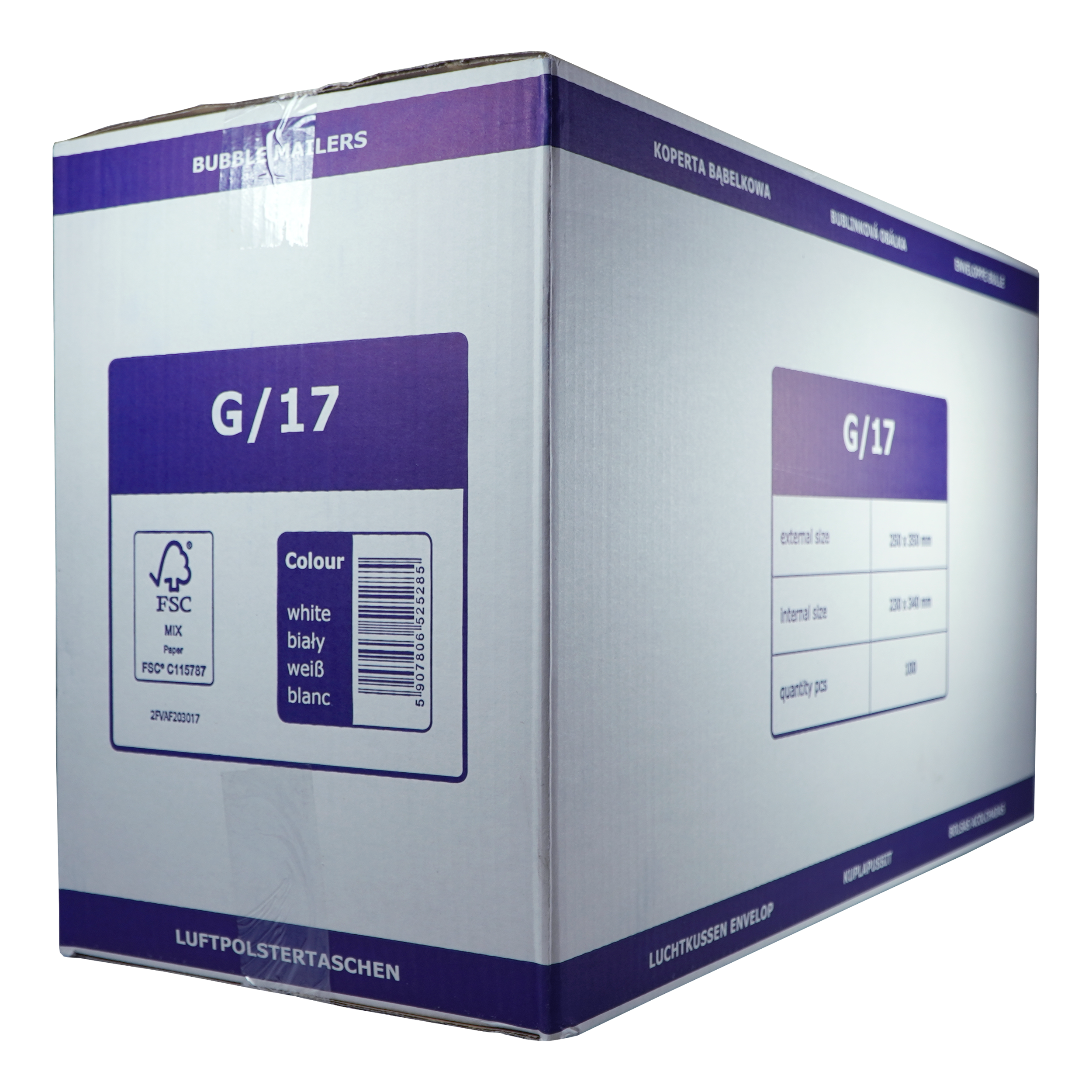 Een witte kartonnen doos met paarse labels. Tekst bevat 'G/17', 'Bubble Mailers' en 'Luftpolstertaschen'.