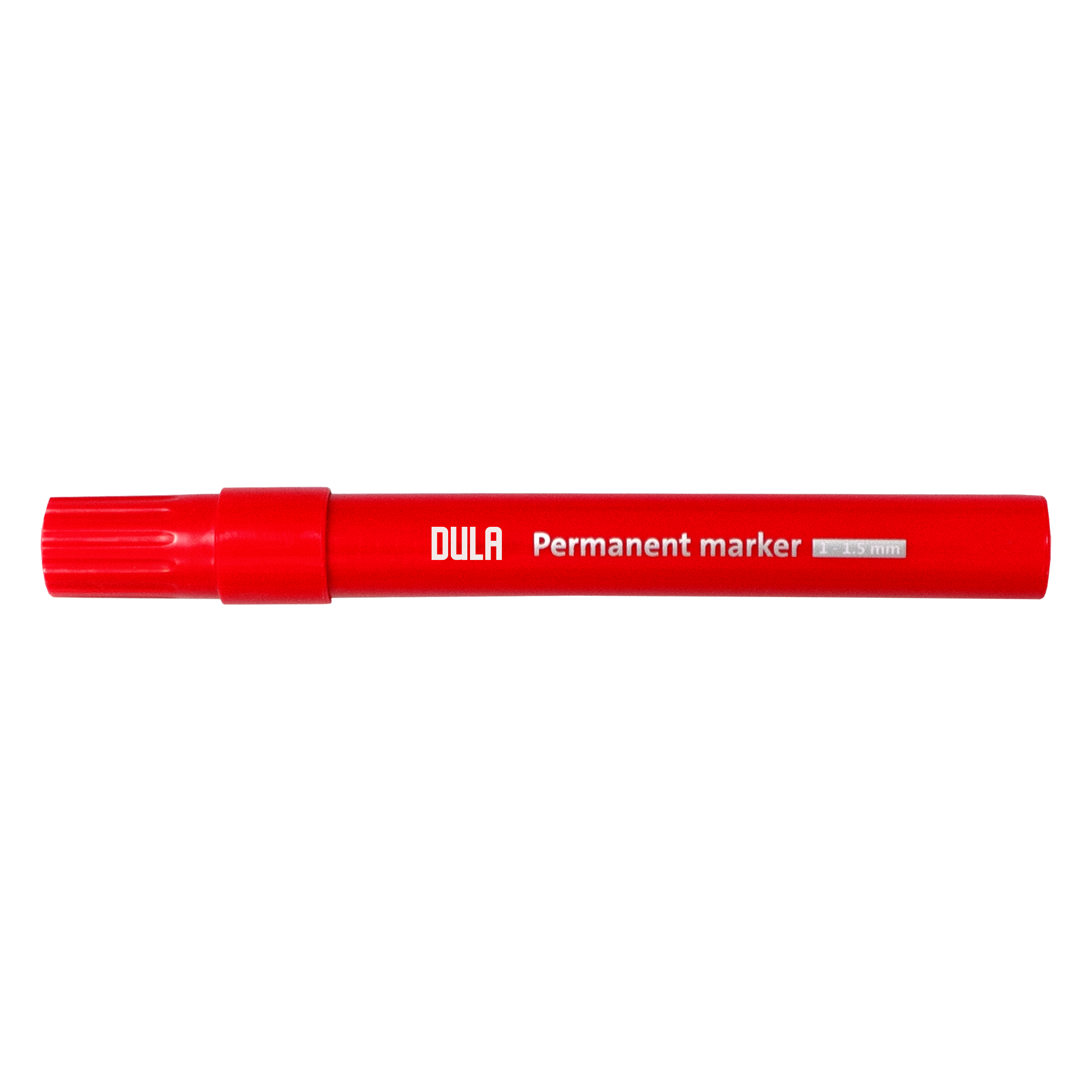 Een rode DULA permanente marker wordt getoond, met de merknaam en inktgrootte zichtbaar.