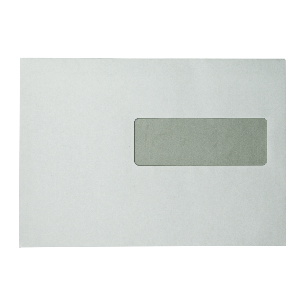 Een witte envelop met een rechthoekig venster aan de rechterkant. Het venster is transparant en geeft een glimp van de inhoud.