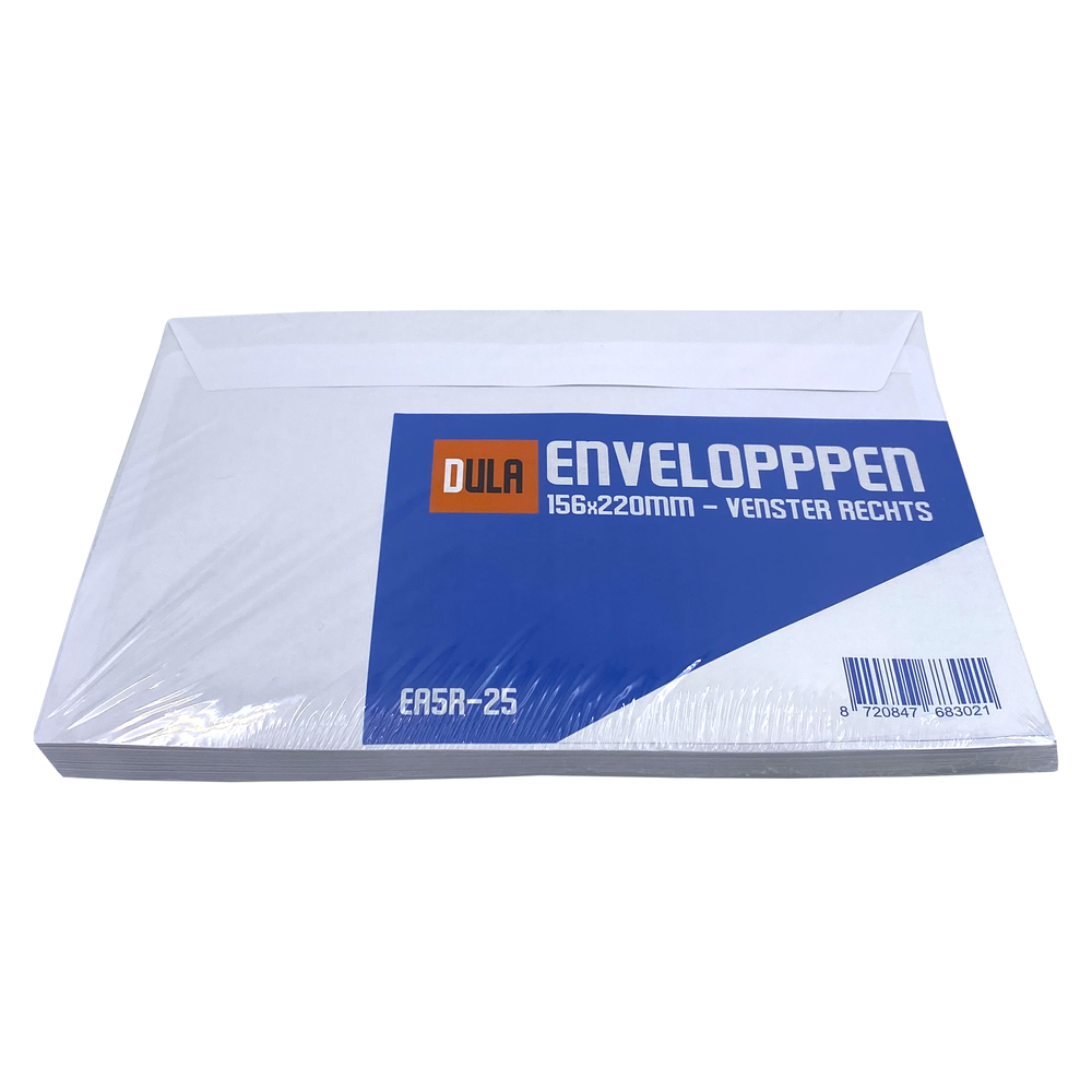 Een pakje witte enveloppen. De verpakking heeft een blauw en oranje label met Duitse tekst. De barcode staat rechts.