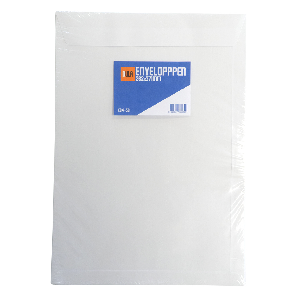 Een witte envelopverpakking. Het heeft een blauw en oranje label met de tekst 'ENVELOPPPEN 262x371mm' en een barcode.