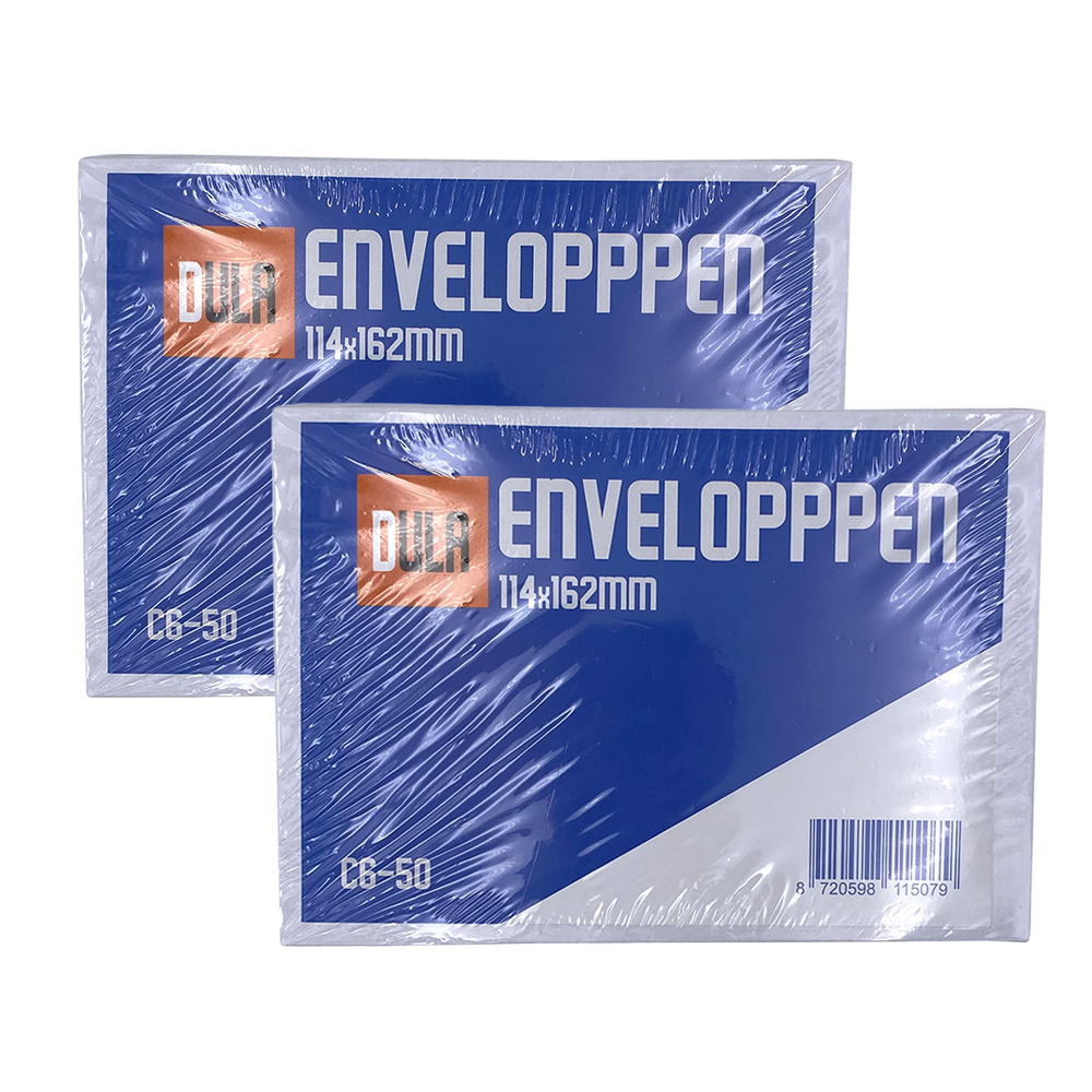 Twee pakken enveloppen. Elk heeft een blauwe achtergrond, witte tekst en een oranje logo. Plastic verpakt. De pakken hebben de naam 'ENVELOPPPEN'.