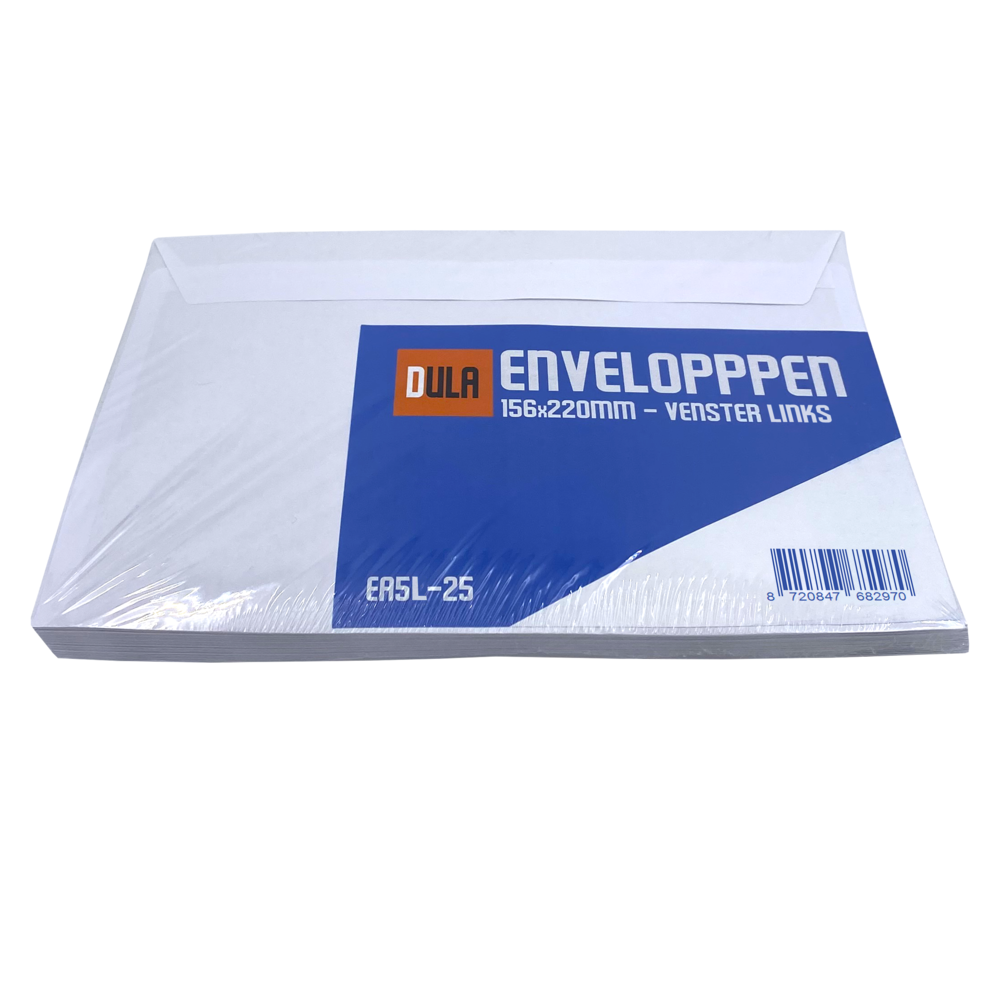 Een pak witte enveloppen. De verpakking heeft een blauw-wit label met tekst. De merknaam is DULA.