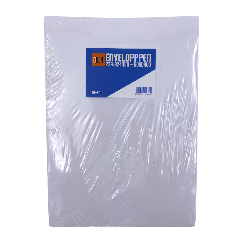 Een verpakking witte enveloppen in plasticfolie. Een blauw-wit label met "DULA ENVELOPPPEN" en afmetingen.