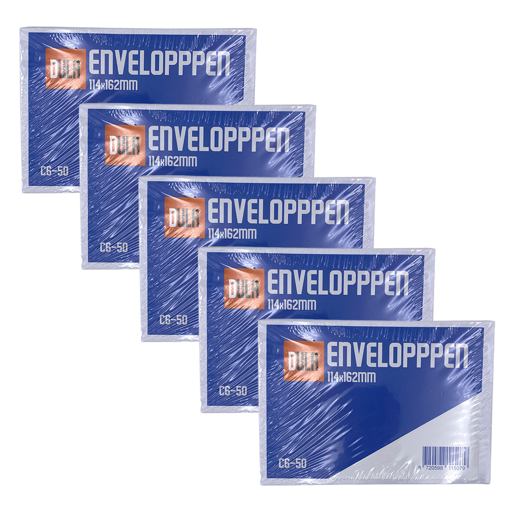 Vijf stapels enveloppen. Elke verpakking heeft een blauw-wit label met het woord 'ENVELOPPPEN' en de afmeting '114x162mm'.