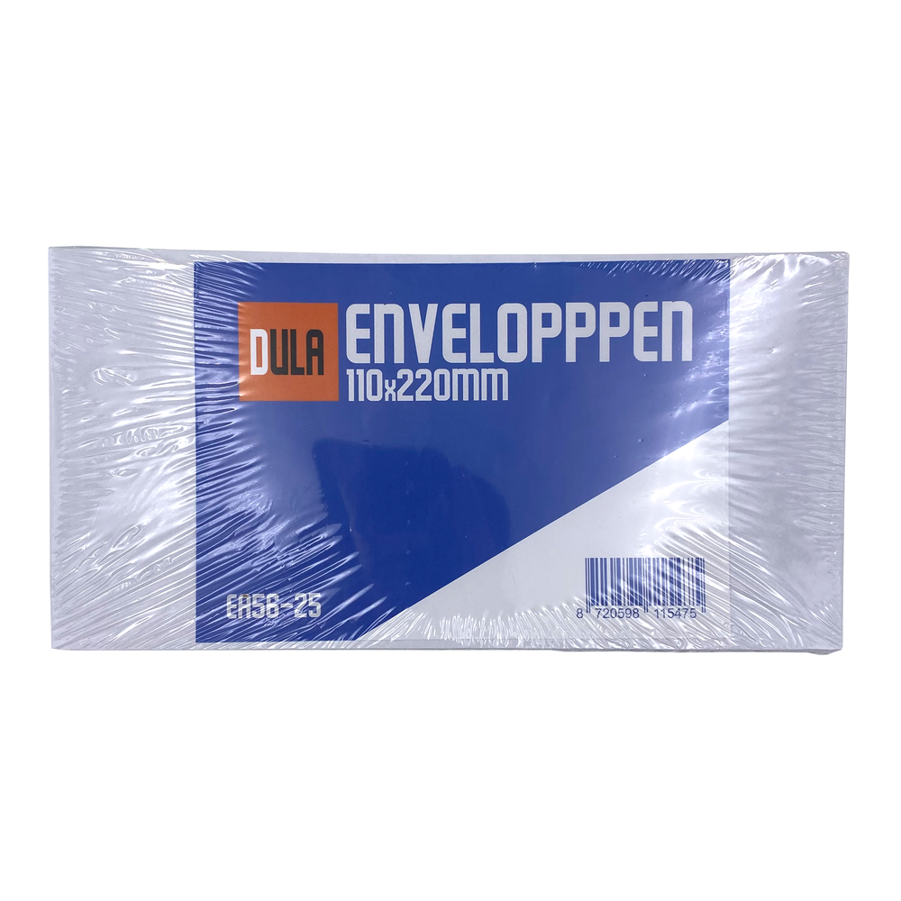 Een pakje enveloppen in plastic folie. Het etiket luidt 'DULA ENVELOPPPEN 110x220mm'. Witte achtergrond.