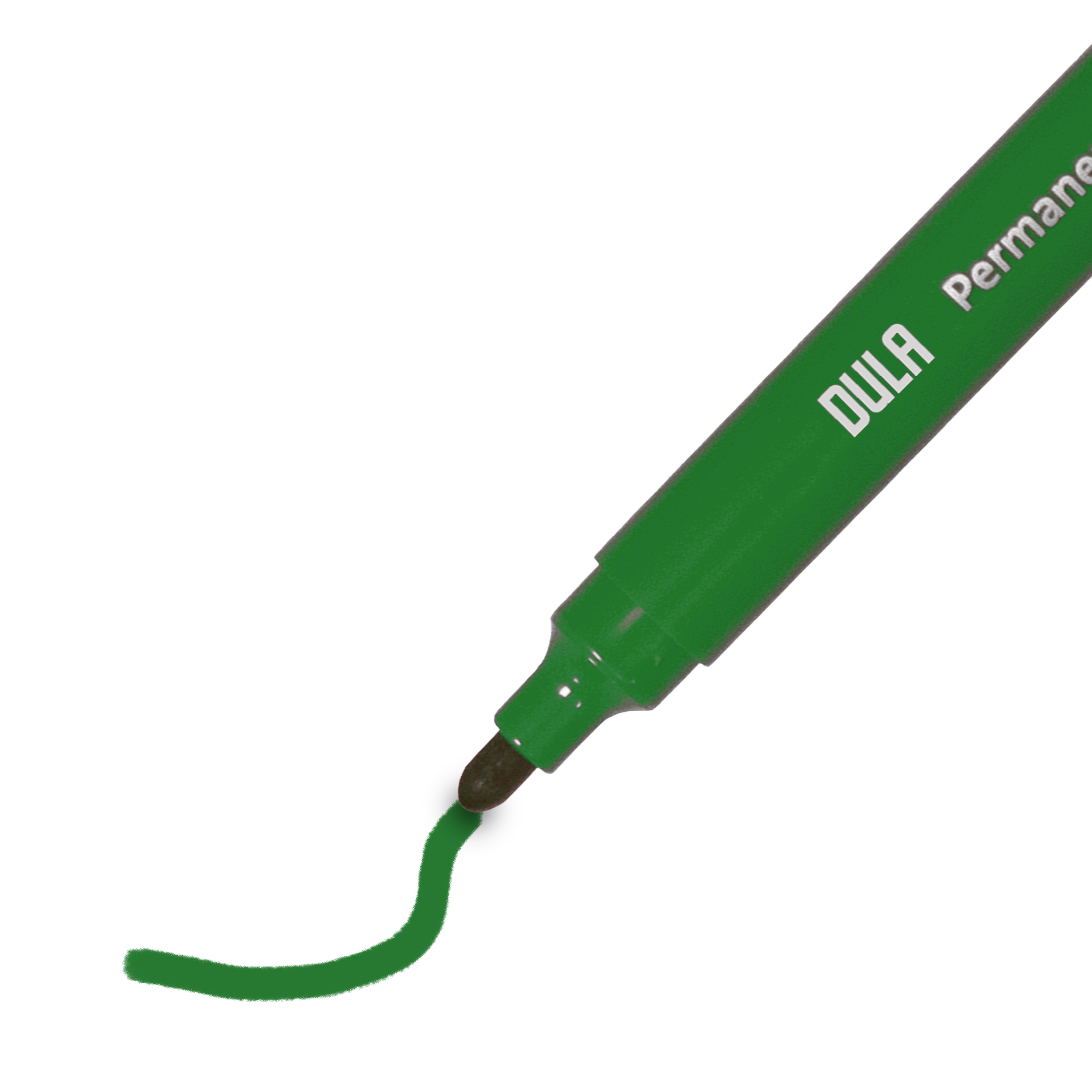 Een groene marker met het woord 'DULA' tekent een gebogen groene lijn op een witte achtergrond.